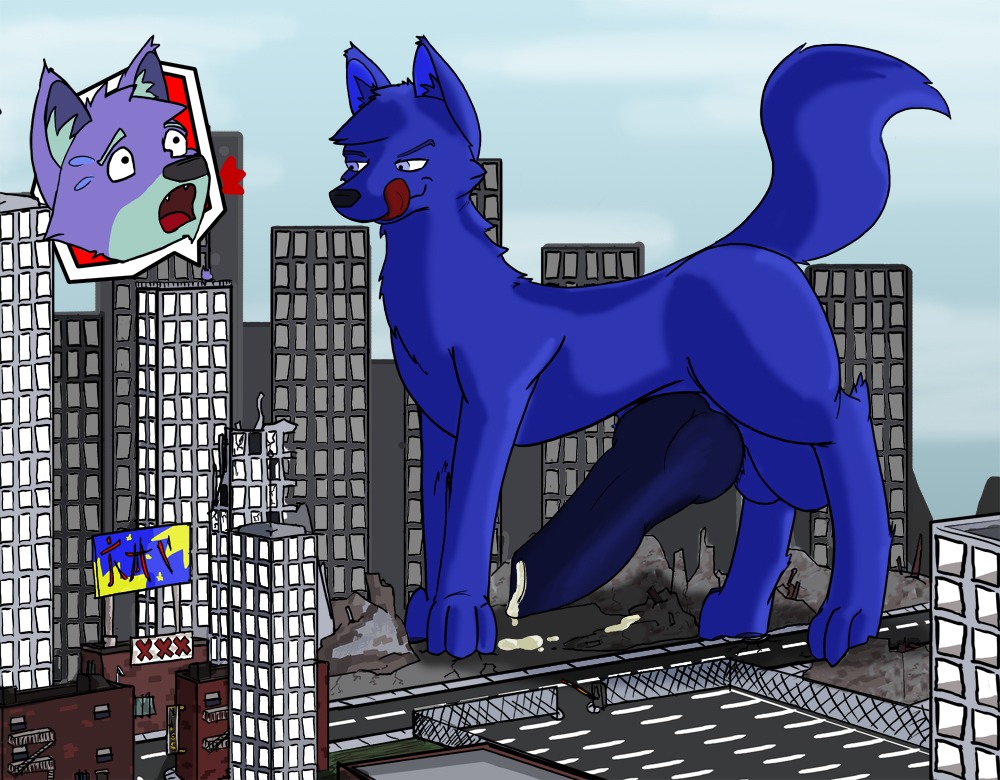 2010 balls big_balls bodily_fluids canid canine canis city cum destruction digital_media_(artwork) duo e621 erection extreme_size_difference fen_(character) feral genital_fluids genitals hyper macro male mammal penis phenris quadruped rampage size_difference solo_focus tail what wolf wolfen