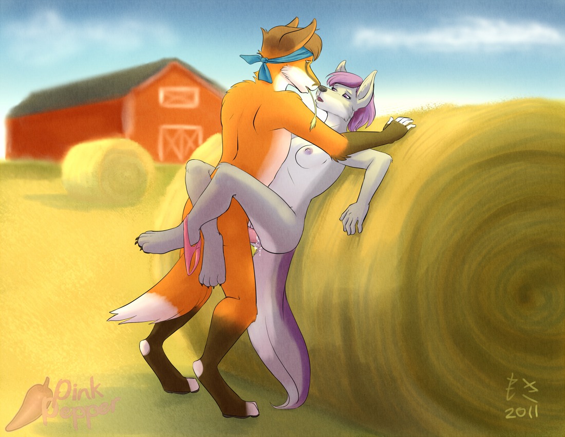 anthro bodily_fluids breasts canid canine canis clothed clothing clothing_around_one_leg cum cum_in_vagina cum_inside dipstick_tail duo e621 erection eye_contact farm female female_penetrated fox genital_fluids genitals hair hay jess_(teckly) leg_wrap looking_at_another male male/female male_penetrating male_penetrating_female mammal markings mosa nipples nude panties panties_around_one_leg panties_down partially_clothed penetration penile penile_penetration penis penis_in_vagina pink_pepper purple_hair sex standing tail tail_markings underwear underwear_around_one_leg underwear_down vaginal vaginal_penetration vulva werefox_(character) wolf