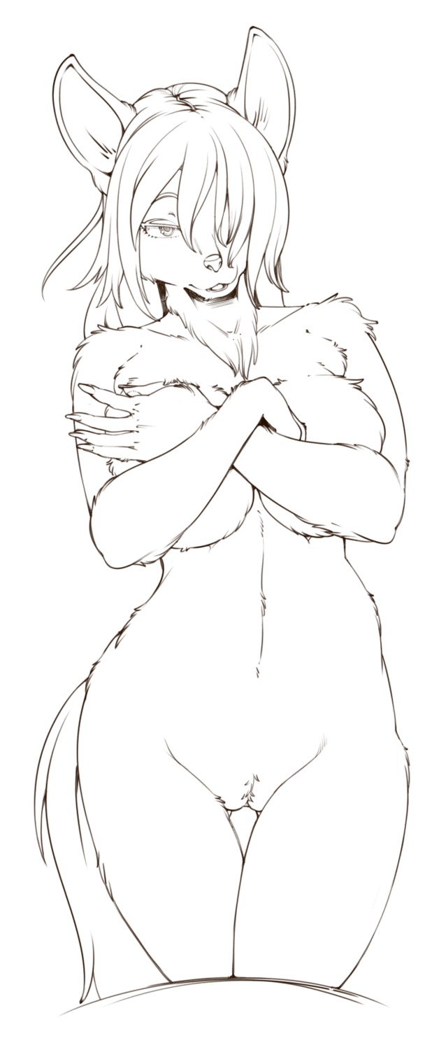 anthro big_breasts breasts canid canine chest_tuft covering covering_self e621 female fox fur genitals hair hair_over_eye hi_res humanoid_genitalia humanoid_vulva looking_at_viewer mammal monochrome nude one_eye_obstructed simple_background sindoll sketch solo tail tuft vulva white_background