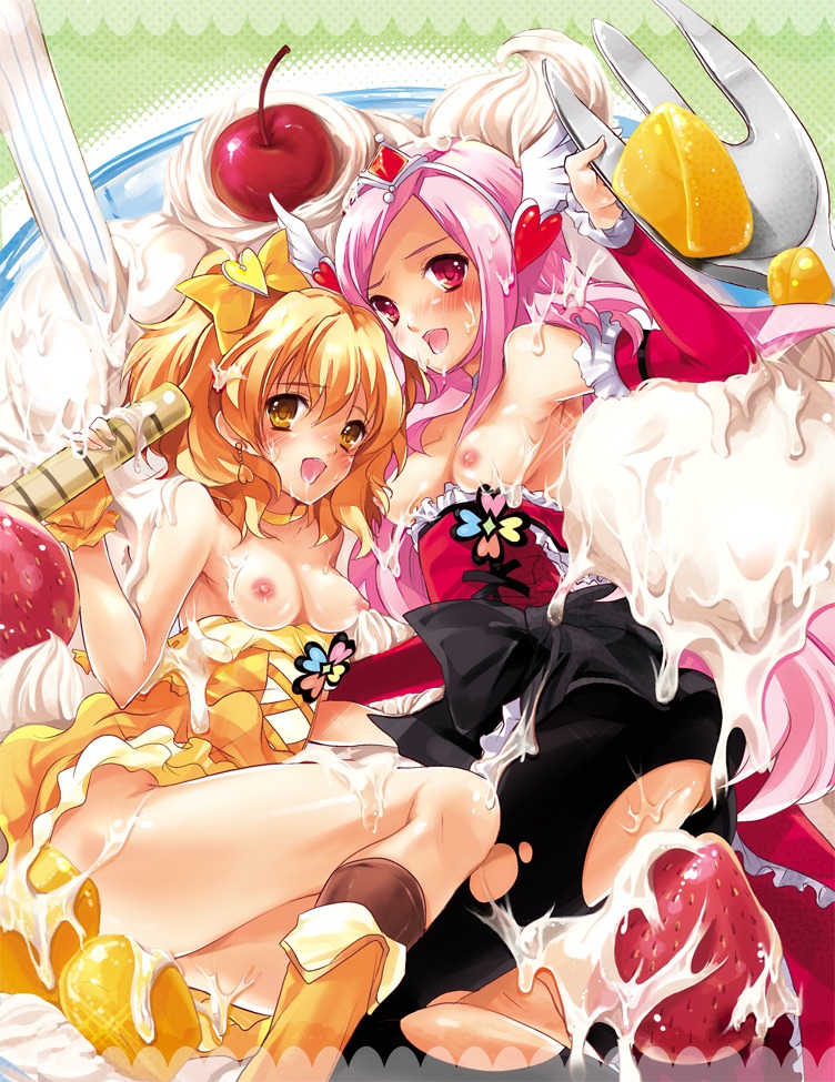 blonde_hair blush bow breasts cherry clothing cure_passion cure_pine dress female female_only food fork fresh_precure! fresh_pretty_cure! fruit girl_in_food higashi_setsuna hisama_kumako in_food kumako_(pixiv) long_hair magical_girl messy micro_female multiple_females multiple_girls nipples open_mouth pantyhose pink_eyes pink_hair precure pretty_cure rule34 small_breasts strawberry torn_pantyhose yamabuki_inori yellow_eyes