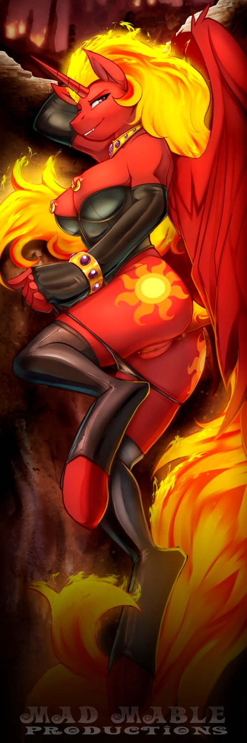 1:3 anthro anus blonde_hair breasts butt clothing conditional_dnp e621 equid equine feathered_wings feathers female fire fur genitals hair hasbro hi_res horn latex lingerie looking_at_viewer mammal markings my_little_pony mythological_creature mythological_equine mythology nipples nude orange_markings red_body red_fur scappo shelf_bra smile solar_flare_(mlp) solo vulva warm_colors winged_unicorn wings yellow_markings