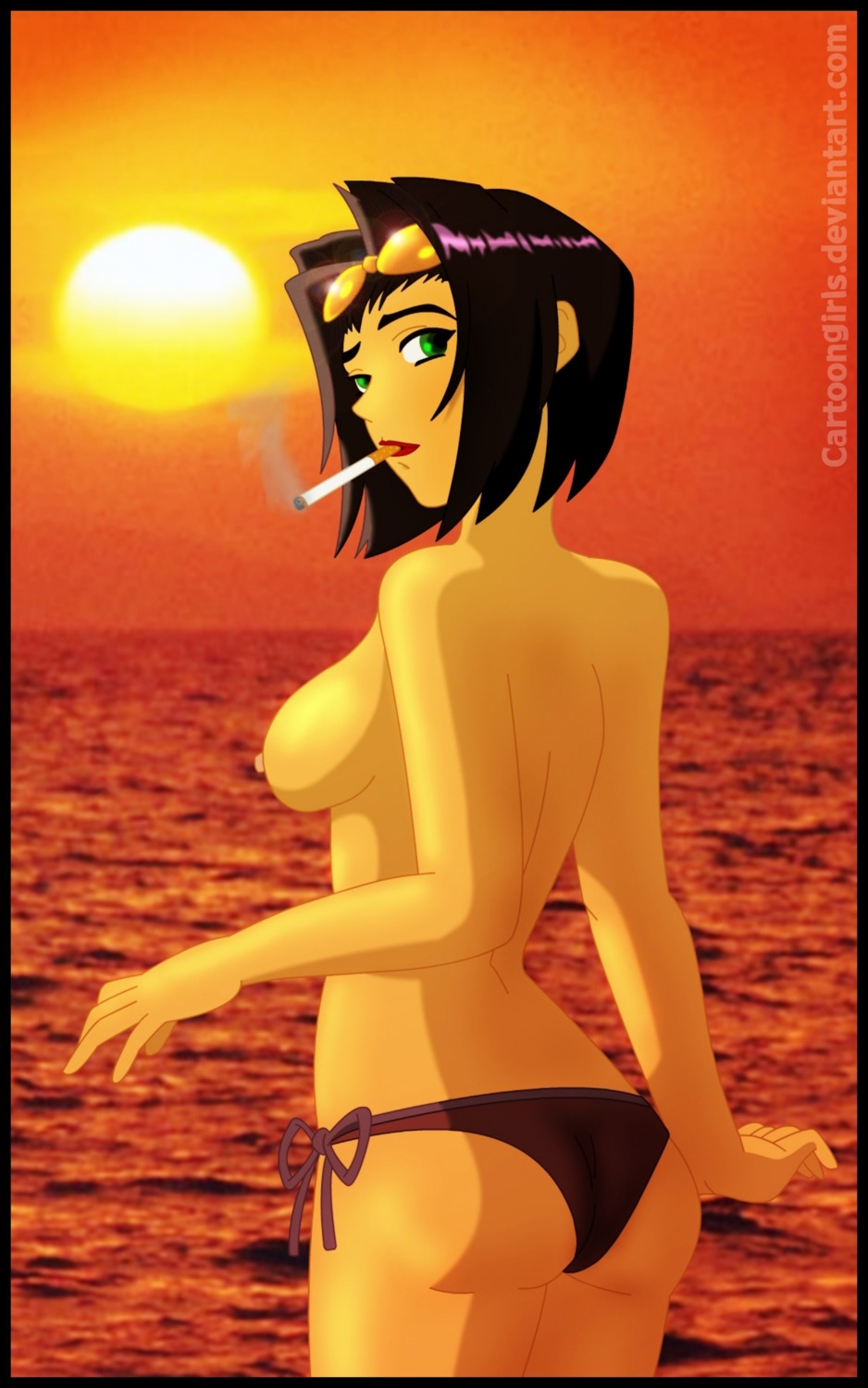 1girls ass bikini_bottom bikini_bottom_only black_hair breasts cartoongirls cigarette cowboy_bebop faye_valentine female greeen_eyes hairband human large_breasts light-skinned_female light_skin mostly_nude nipples pale-skinned_female pale_skin purple_hair rule34 short_hair smoking sunglasses_on_head tagme topless topless_female