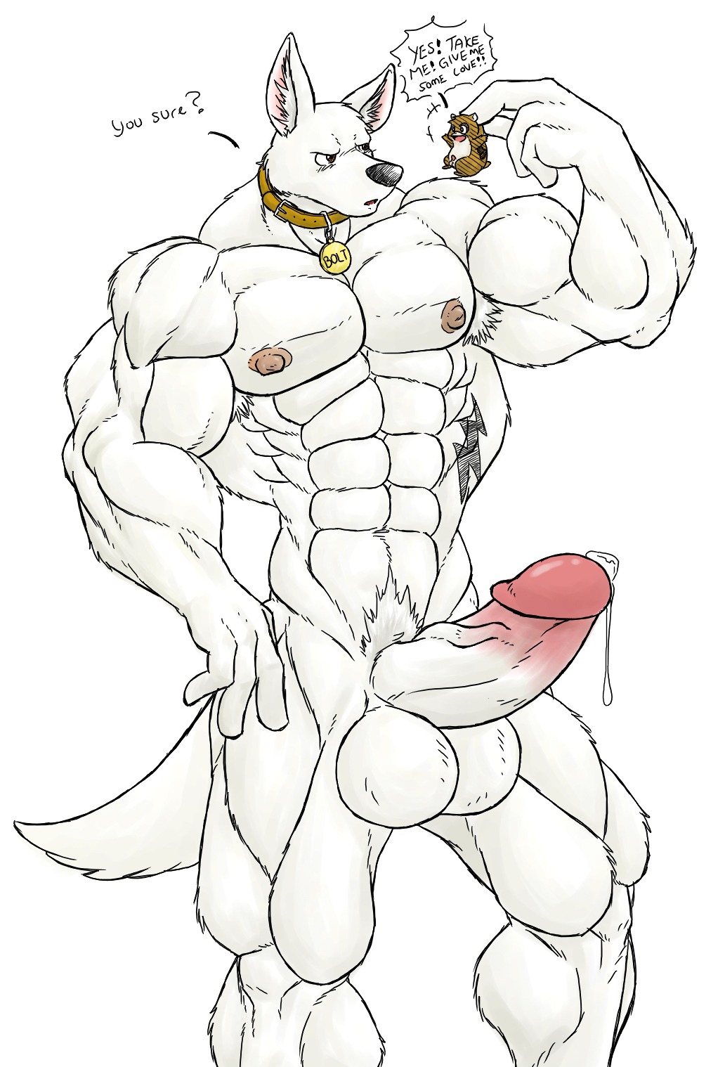 abs anthro anthrofied armpit_hair balls biceps big_balls big_muscles big_penis bodily_fluids body_hair bolt_(bolt) bolt_(film) brown_eyes butt canid canine canis collar collar_only cricetid cum disney domestic_dog dripping duo e621 erection fur genital_fluids genitals german_shepherd hamster herding_dog hi_res huge_muscles huge_penis hyper it'll_never_fit kyuuhari larger_male male male/male mammal micro muscular muscular_male nipples nude pastoral_dog pecs penis pose precum rhino_(bolt) rodent size_difference smaller_male solo_focus standing tail thick_penis vein white_body white_fur