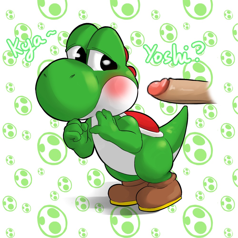 1:1 ambiguous_gender blush censored dialogue dinosaur disembodied_penis duo e621 embarrassed english_text erection foreskin genitals green_yoshi human humanoid_genitalia humanoid_penis interspecies male mammal mario_bros mosaic_censorship nintendo onomatopoeia penis pokemon_speak prehistoric_species reptile retracted_foreskin scalie shiroisora sound_effects standing text yoshi