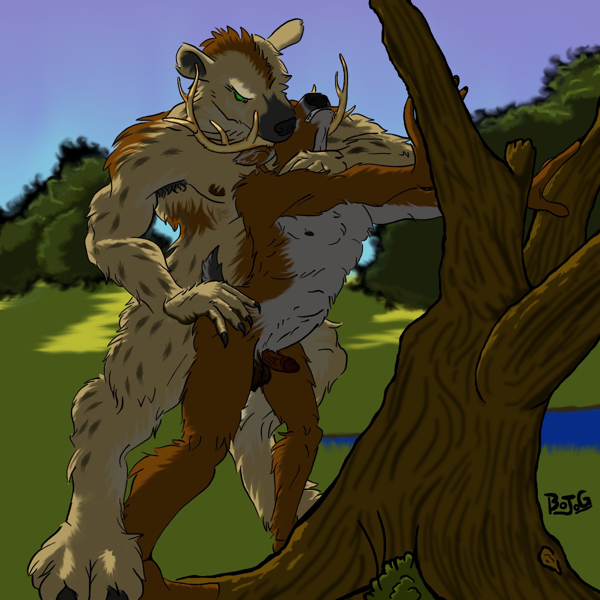 1:1 abdominal_bulge anal anal_penetration anthro armpit_hair balls body_hair bojog deer dominant dominant_male duo e621 erection from_behind_position genitals hi_res humanoid_genitalia humanoid_penis hyena interspecies male male/male male_penetrated male_penetrating male_penetrating_male mammal nipples outside penetration penis plant public sex spotted_hyena tree