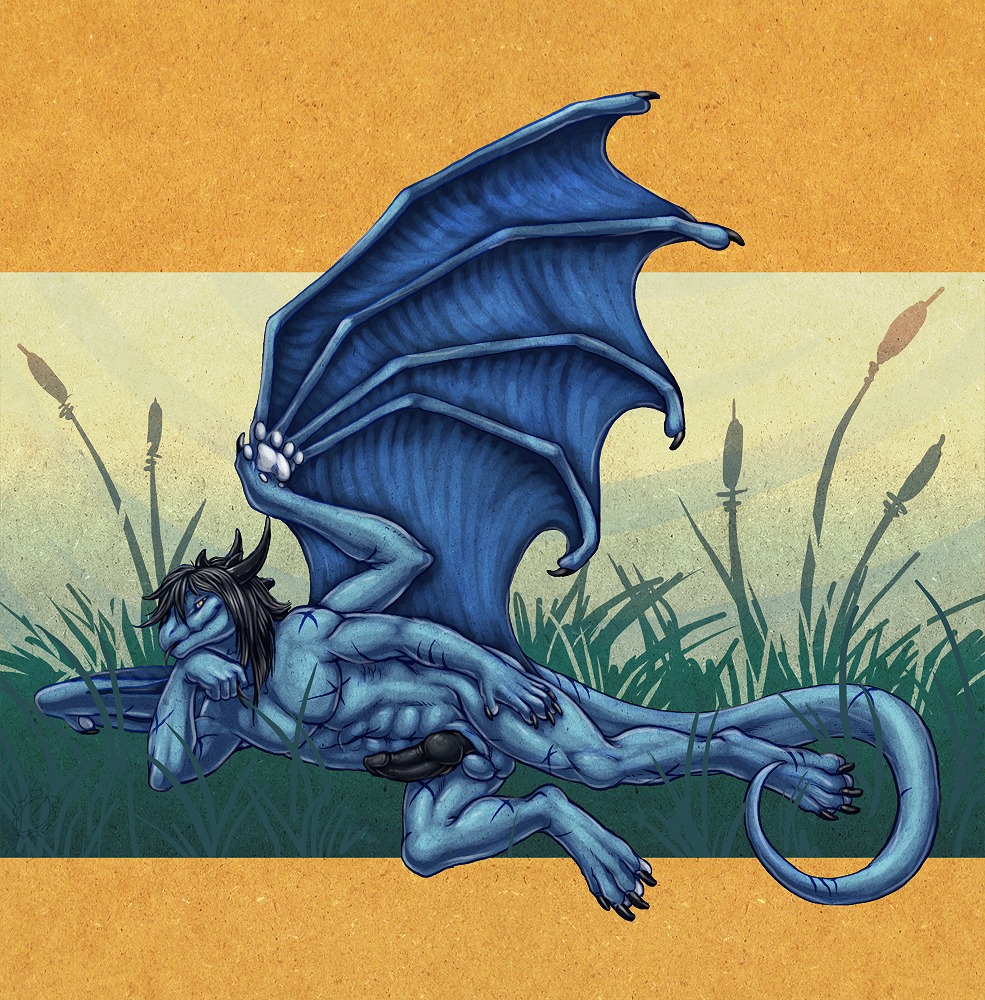 2012 4_arms abstract_background acidapluvia anthro arm_support balls big_penis biped black_hair black_horn black_penis black_tongue blue_body blue_membrane blue_skin claws cocky dragon e621 erection european_mythology feet genitals grin hair hindpaw horn leaning_on_elbow letterbox long_hair looking_at_viewer male malk membrane_(anatomy) membranous_wings multi_arm multi_limb muscular muscular_anthro muscular_male mythological_creature mythological_scalie mythology nude orange_background pawpads paws penis reclining scalie scar simple_background smile solo tail teal_background teasing tongue western_dragon wing_claws winged_arms wings