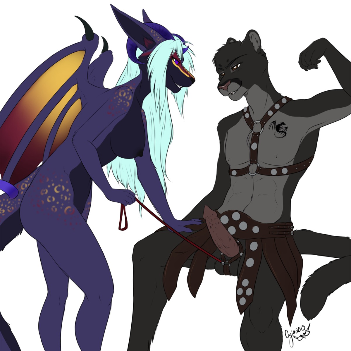 1:1 anthro balls black_body black_fur bottomwear breasts clothing cougar cyiakanami dragon duo e621 erection felid feline female fur genitals harness hi_res horn kainera leash leather male mammal membrane_(anatomy) membranous_wings mythological_creature mythological_scalie mythology nipples non-mammal_breasts non-mammal_nipples nude penile_spines penis scalie simple_background sitting skirt tail tattoo thanatos white_background wings