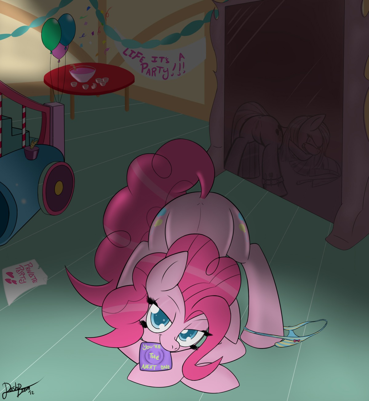 2012 anus ass blue_eyes cannon condom cutie_mark dashboom equine female friendship_is_magic hair horse insane inviting long_hair looking_at_viewer looking_back mirror my_little_pony panties party pink_hair pinkamena_(mlp) pinkie_pie_(mlp) pony presenting pussy rule34 seductive smile spread_legs spreading straight_hair underwear