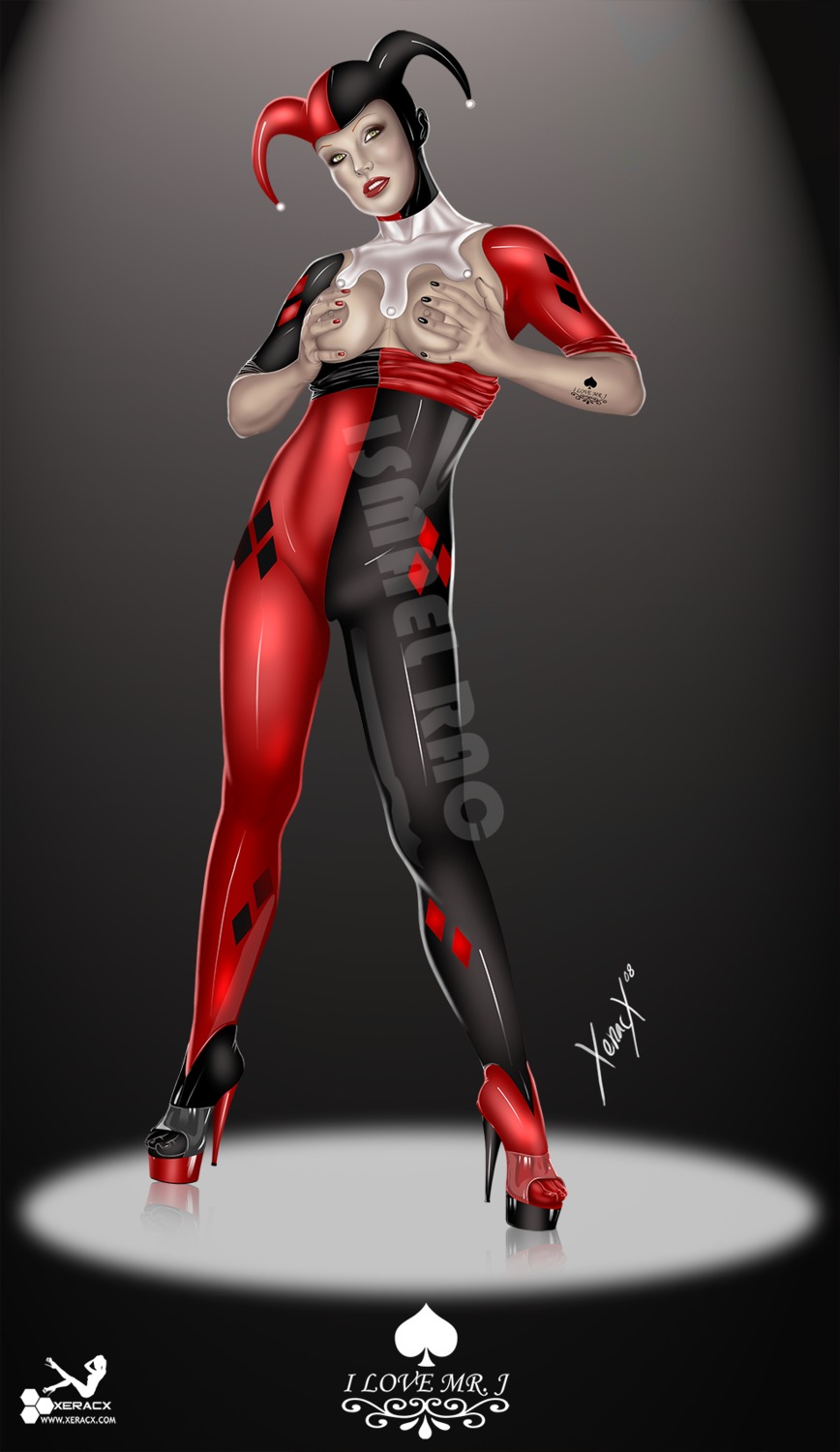 1girls 2008 batman_(series) big_breasts breasts dc dc_comics female female_only grabbing_own_breasts harley_quinn harley_quinn_(classic) high_heels nipples rule34 solo tagme tattoo xeracx