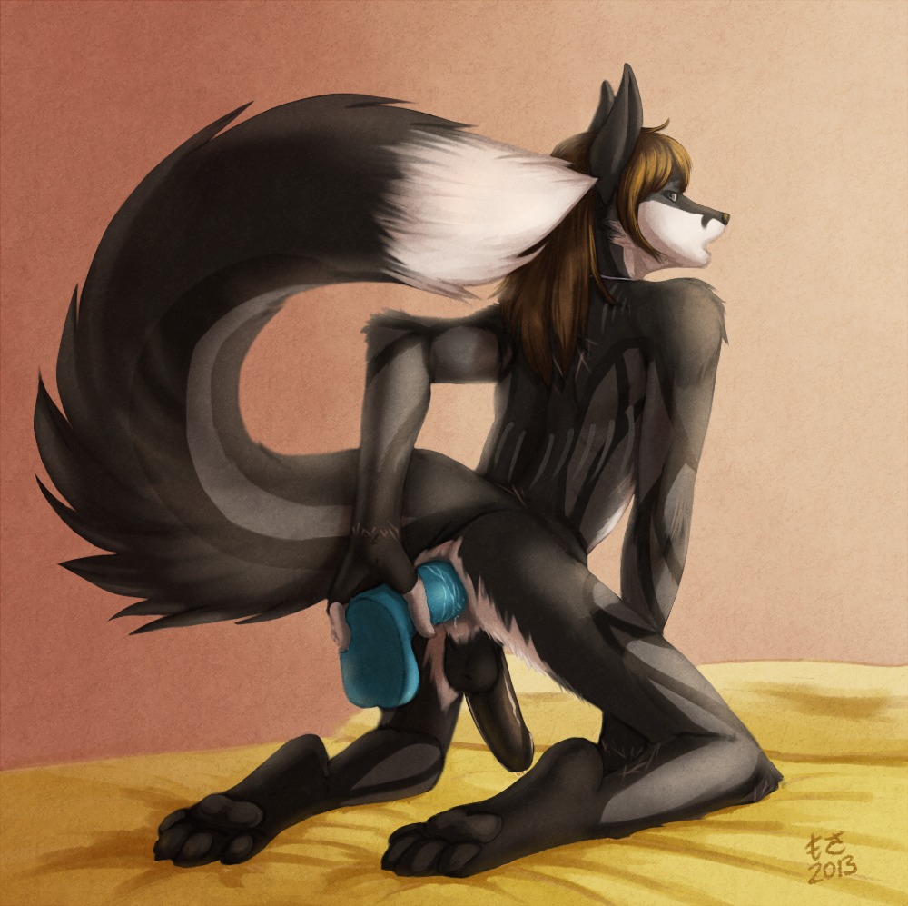2013 anal anal_masturbation anal_penetration animal_genitalia animal_penis anthro backsack balls biped black_body black_fur black_penis brown_hair butt canid canine canine_genitalia dildo e621 erection fox fur genitals hair kneeling knot long_hair looking_back male mammal masturbation mosa nude open_mouth pawpads paws penetration penis sex_toy solo toying_self