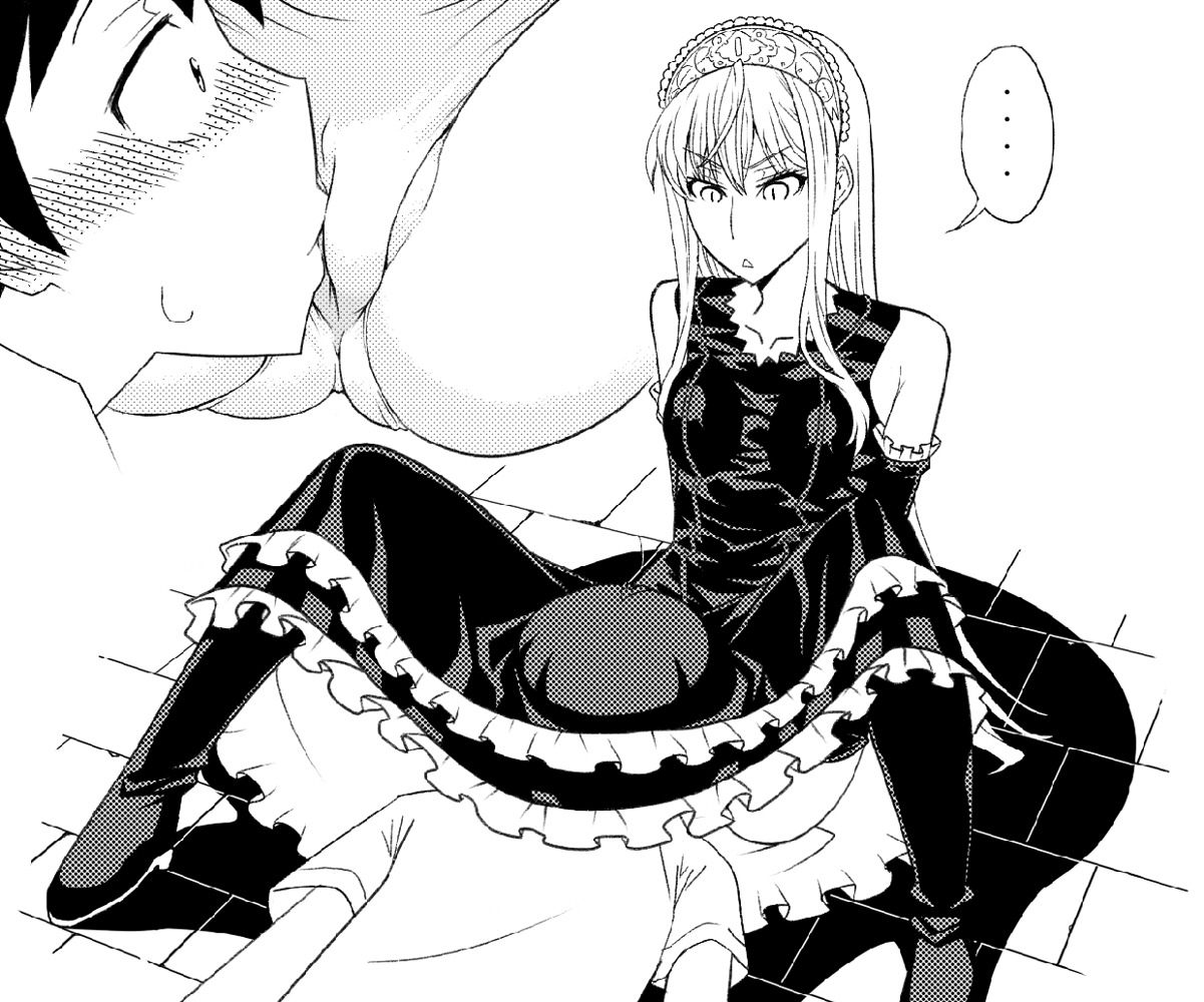 blush clothing dress female hime_(kaibutsu_oujo) hinoki hiyorimi_hiro kaibutsu_oujo long_hair lying monochrome on_stomach oral_sex panties princess_resurrection rule34 sitting slit_pupils spread_legs stockings tiara underwear