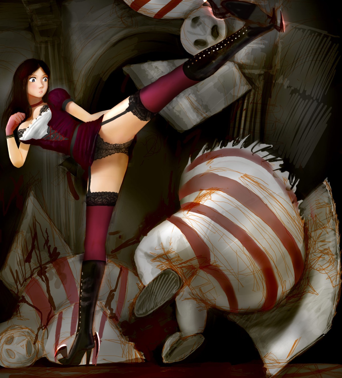 1girls 2d alice_(madness_returns) alice_in_wonderland alice_liddell alice_madness_returns american_mcgee's_alice bra breasts clothed clothing detailed_background fairy_tales female garter_straps kicking leg_lift lingerie literature panties public_domain rule34 see-through see-through_clothing see-through_panties see-through_underwear tweedledee tweedledum