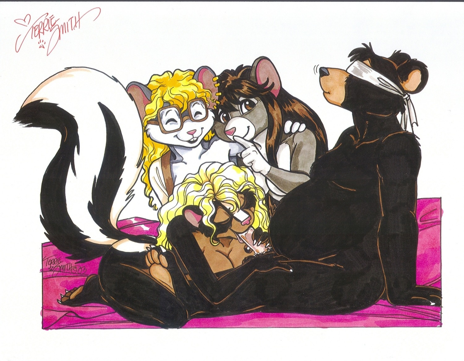2003 anthro bear blindfold blonde_hair bodily_fluids cum e621 erection eyewear fellatio female genital_fluids genitals glasses group hair hi_res looking_at_viewer male male/female mammal markings mephitid mouse murid murine nude oral oral_penetration penetration penile penis rodent sciurid sex signature skunk striped_markings striped_tail stripes tail tail_markings terrie_smith traditional_media_(artwork) tree_squirrel