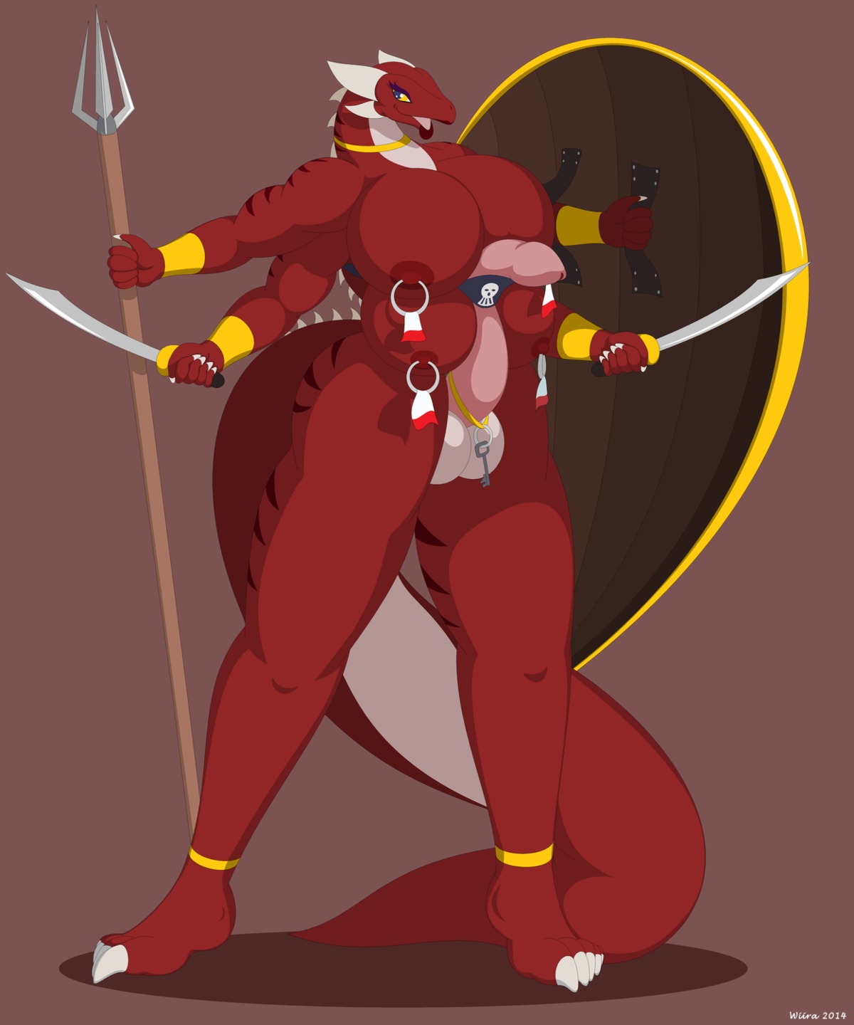 2014 4_breasts 5:6 anthro balls big_breasts biped breasts claws digital_media_(artwork) dragon e621 erection genitals gynomorph hi_res horn huge_breasts intersex jewelry key looking_back melee_weapon microsoft_paint_(artwork) multi_arm multi_breast multi_limb muscular muscular_anthro muscular_gynomorph muscular_intersex mythological_creature mythological_scalie mythology nipple_piercing nipples non-mammal_balls non-mammal_breasts non-mammal_nipples nude penis piercing polearm red_body red_skin scalie shield simple_background solo spear spikes standing sword tail weapon wiira yellow_eyes