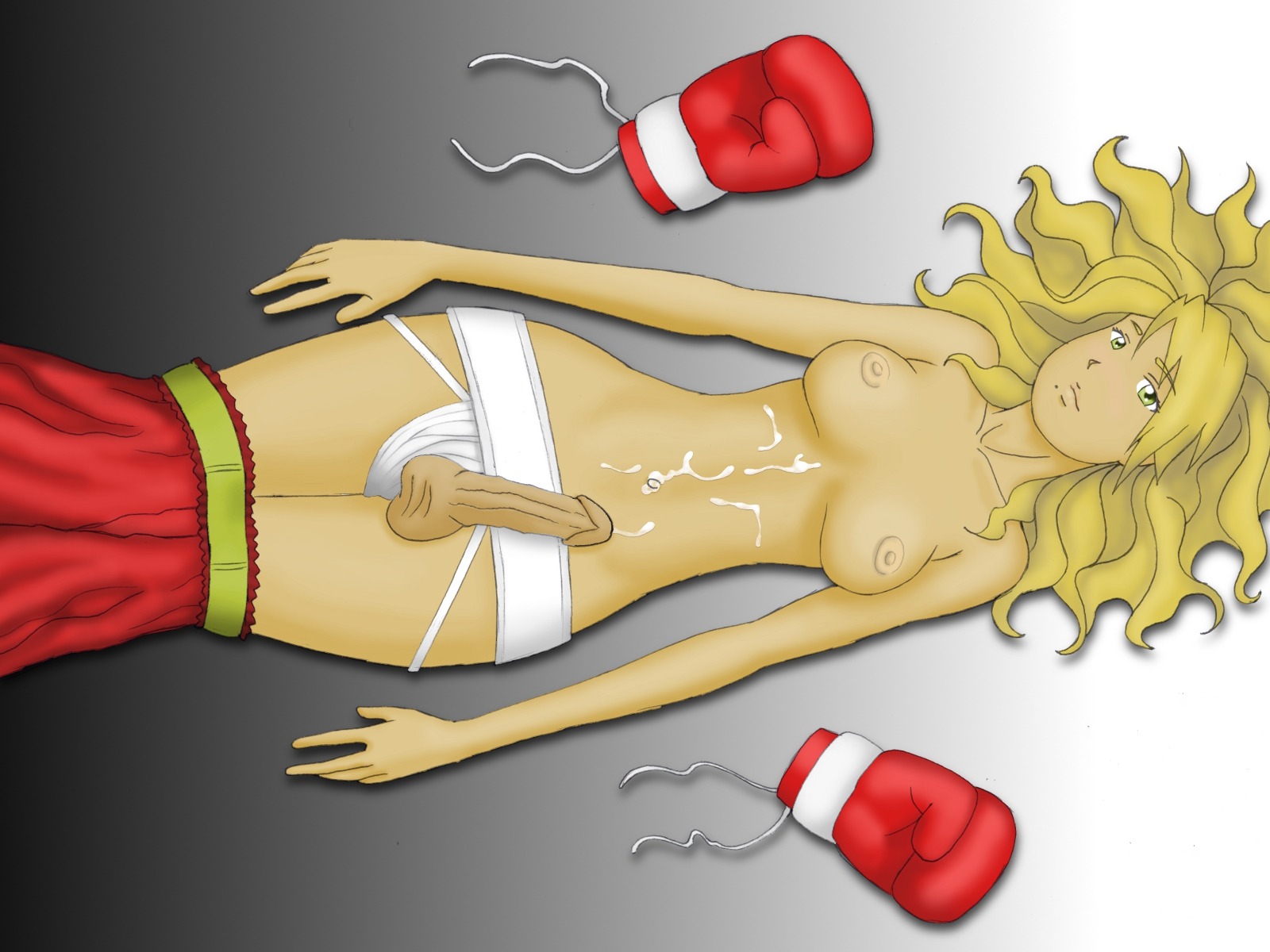 blonde_hair boxing_gloves breasts cum dark_skin futanari high_res intersex nipples rule34 uncensored yellow_eyes
