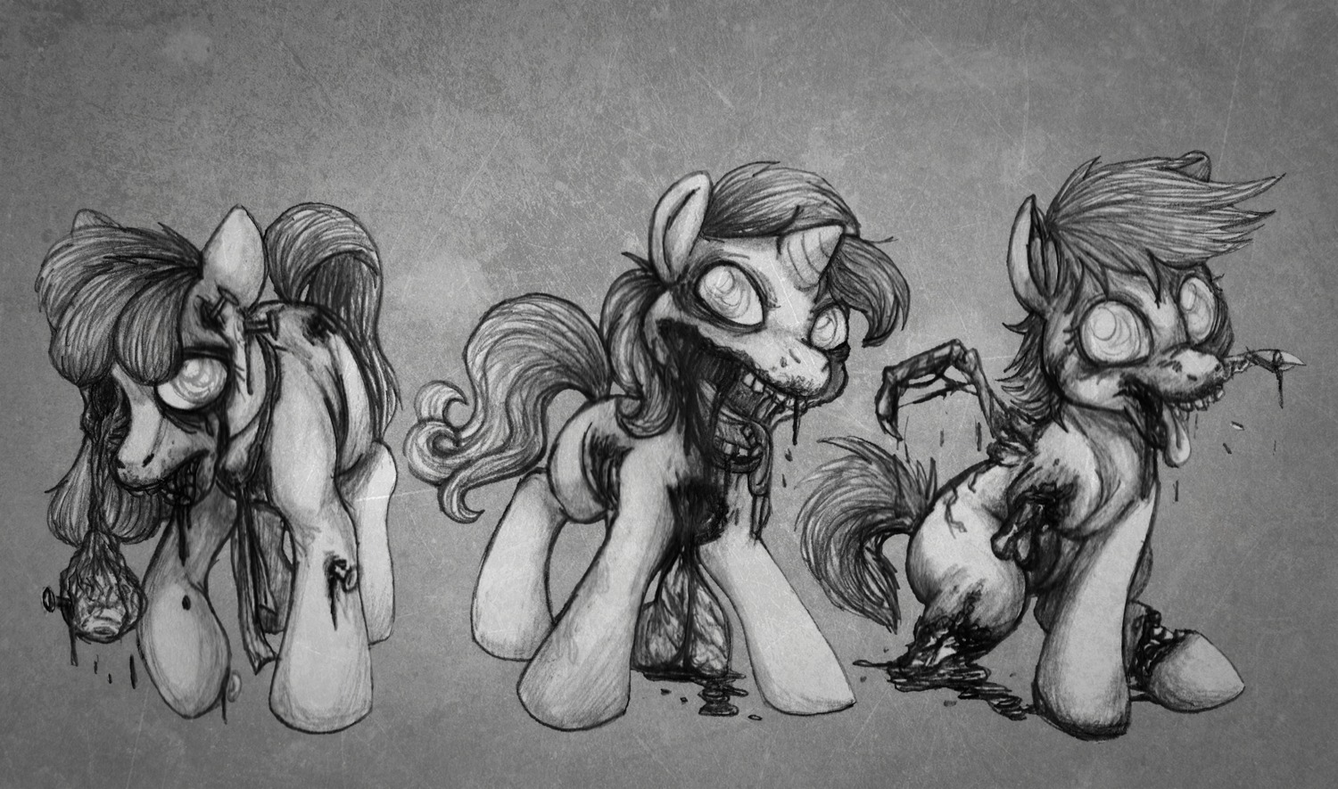 aisu_art alternate_species apple_bloom_(mlp) blood bodily_fluids bone cutie_mark_crusaders_(mlp) e621 earth_pony equid equine feathered_wings feathers female feral friendship_is_magic front_view gore group guts hair hasbro hi_res horn horse looking_at_viewer mammal monochrome my_little_pony mythological_creature mythological_equine mythology nail nail_in_head nailed nightmare_fuel organs pegasus pony quadruped rotting scootaloo_(mlp) sweetie_belle_(mlp) tail teeth tongue tongue_out undead unicorn what_has_magic_done wings young young_feral zombie