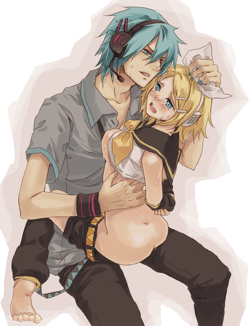 1boy 1girls aqua_eyes aqua_hair arms_behind_back barefoot blonde_hair blue_hair blue_nails blush bondage color crying female femboy femboy_on_female genderswap genderswap_(ftm) hair_ornament hair_ribbon hairclip headphones headset kagamine_rin male male_with_painted_nails mikuo mikuo_hatsune nail_polish necktie open_mouth painted_nails rape ribbon rule34 rule_63 senbei_(pixiv631257) senbei_(roof-lock) sex shirt_lift short_hair shorts smile straight sweat tears vocaloid
