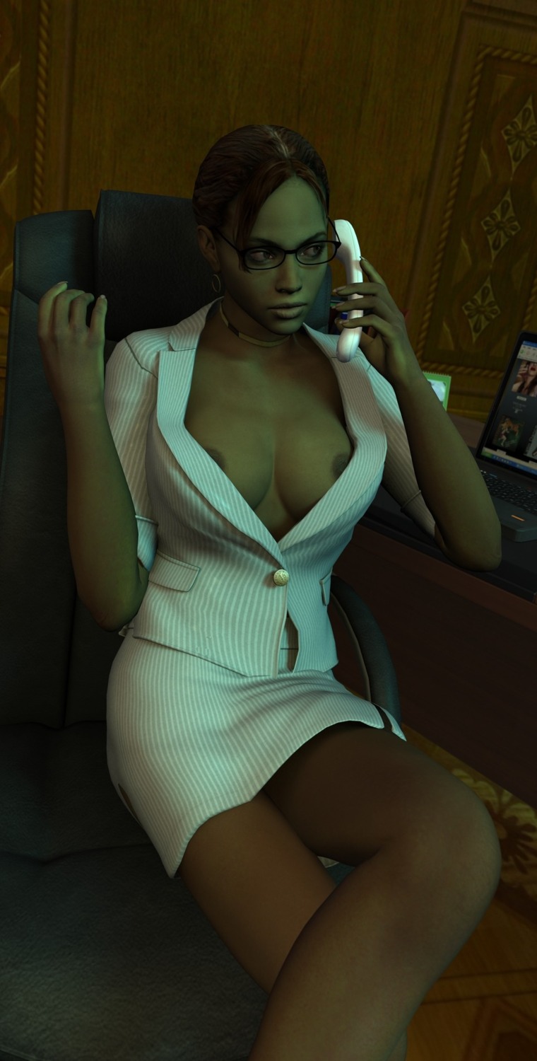 3d areola_slip breasts brown_hair capcom cleavage computer dark-skinned_female dark_skin earrings female female_only glasses highres human laptop legs_crossed no_bra phone resident_evil resident_evil_5 rule34 sasha2000dog sheva_alomar short_hair sitting skirt solo suit white_skirt white_suit