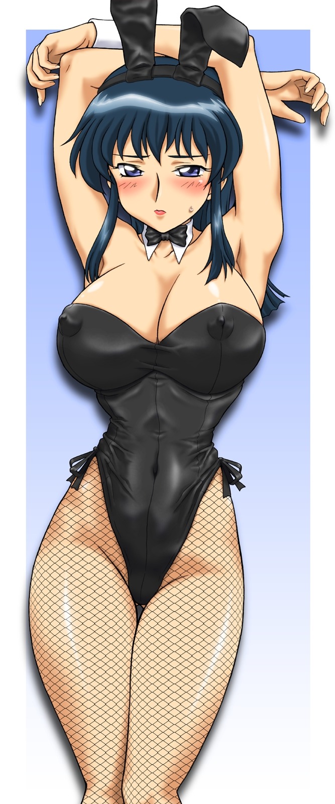 blue_eyes blue_hair blush breasts bunny_ear bunny_girl bunnysuit cleavage cosplay erect_nipples female fishnet_pantyhose fishnets fujimura_shizuru high_res highleg highres huge_breasts kemonomimi long_hair nipples oppai pantyhose rule34 shinkon_gattai_godannar!! ta152_(graf_zeppelin) tights usamimi