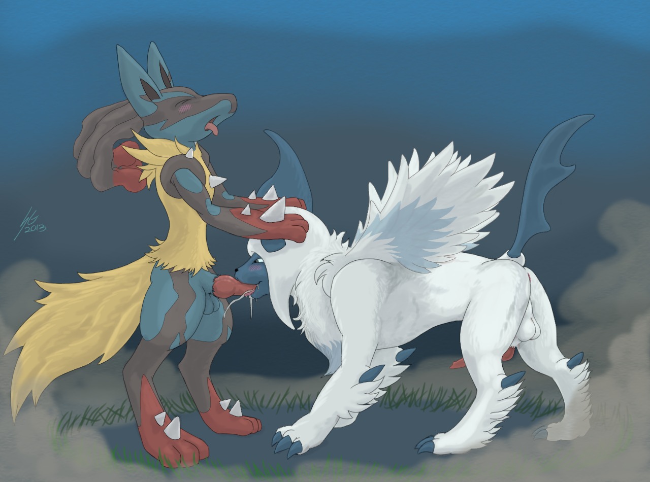 2013 animal_genitalia animal_penis anthro anthro_on_feral anthro_penetrating anthro_penetrating_feral anus balls bestiality big_penis big_tail biped blue_body blue_fur blush bodily_fluids canid canine canine_genitalia canine_penis chest_tuft cum cum_in_mouth cum_inside cum_on_face digital_media_(artwork) duo e621 erection eyes_closed feathered_wings feathers fellatio feral feral_penetrated fur generation_6_pokemon genital_fluids genitals horn interspecies male male/male male_on_feral male_penetrated male_penetrating male_penetrating_male mammal mega_absol mega_evolution mega_lucario neck_tuft nintendo open_mouth oral oral_penetration penetration penile penis pokemon pokemon_(species) quadruped sex soulgryph standing tail tongue tongue_out tuft wings