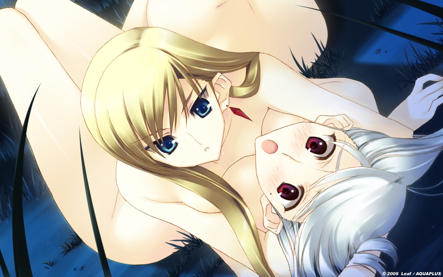 2girls aliasing arm arms bare_arms bare_legs bare_shoulders blonde_hair blue_eyes blush breasts dutch_angle female female_only highres jpeg_artifacts leaf legs lidia long_hair lying lying_on_person mole mole_under_eye multiple_females multiple_girls nakamura_takeshi nude octavia on_back open_mouth parted_lips red_eyes rule34 short_hair silver_hair symmetrical_docking tears_to_tiara wallpaper yuri