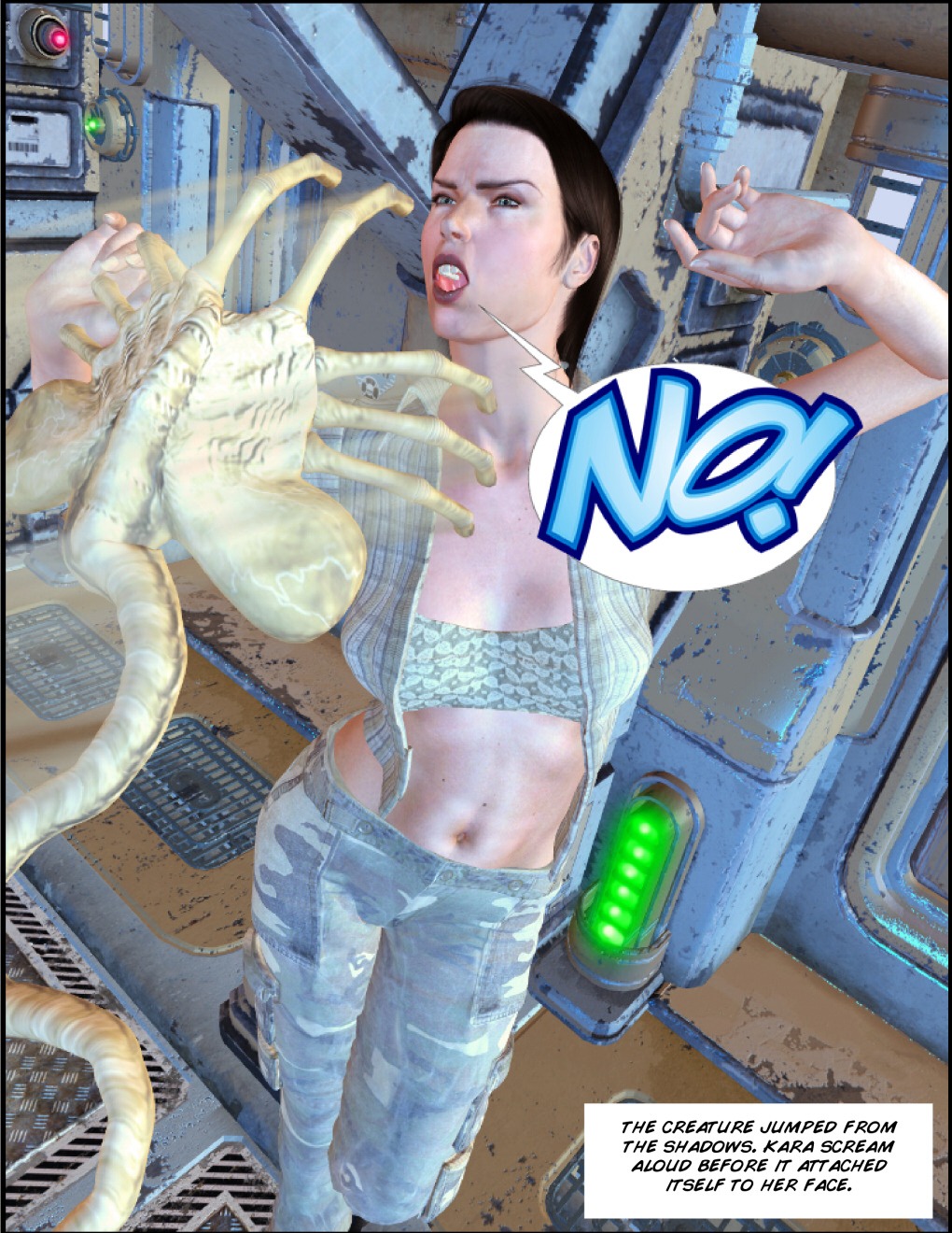 1girls 3d alien_(franchise) comic dialogue english_text facehugger female female_human female_only imminent_death rule34 speech_bubble tagme text