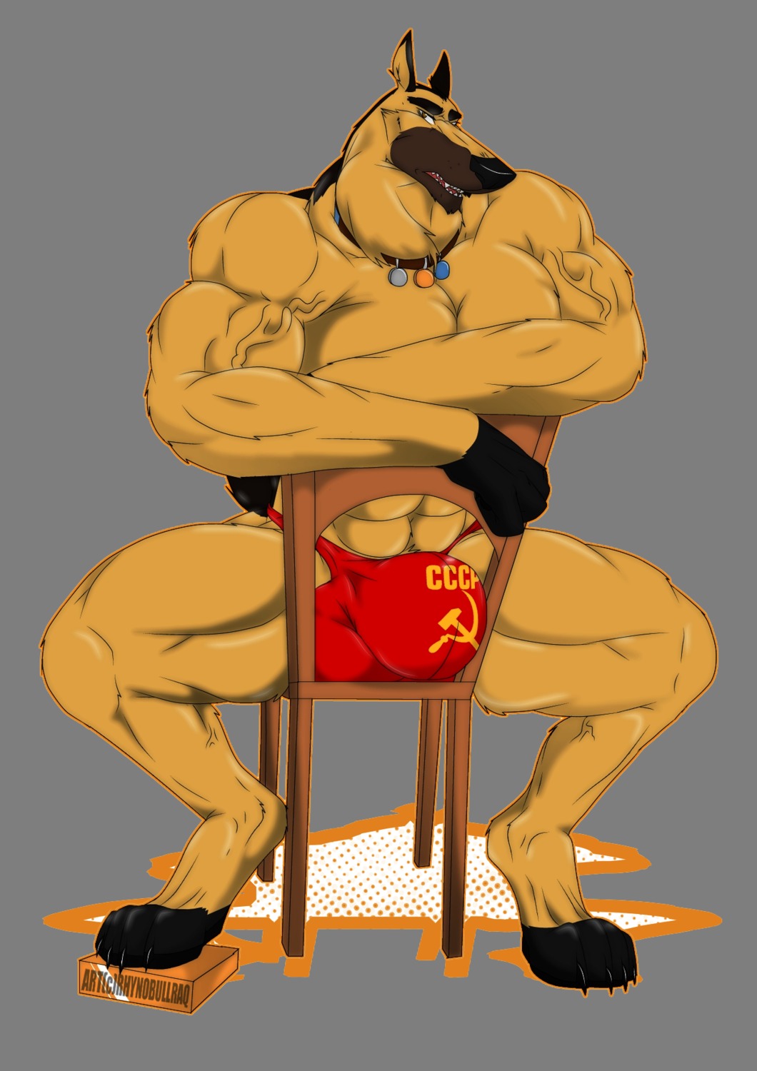 abs alpha_channel anthro anthrofied athletic barefoot biceps big_muscles biped black_claws brown_eyes bulge canid canine canis chair claws clothed clothing collar crossed_arms domestic_dog e621 fangs feet furniture german_shepherd herding_dog hi_res kazbek looking_at_viewer male mammal muscular muscular_anthro muscular_male open_mouth pastoral_dog paws pecs pose rhynobullraq russian simple_background sitting solo soviet_union space_dogs teeth toe_claws topless transparent_background vein