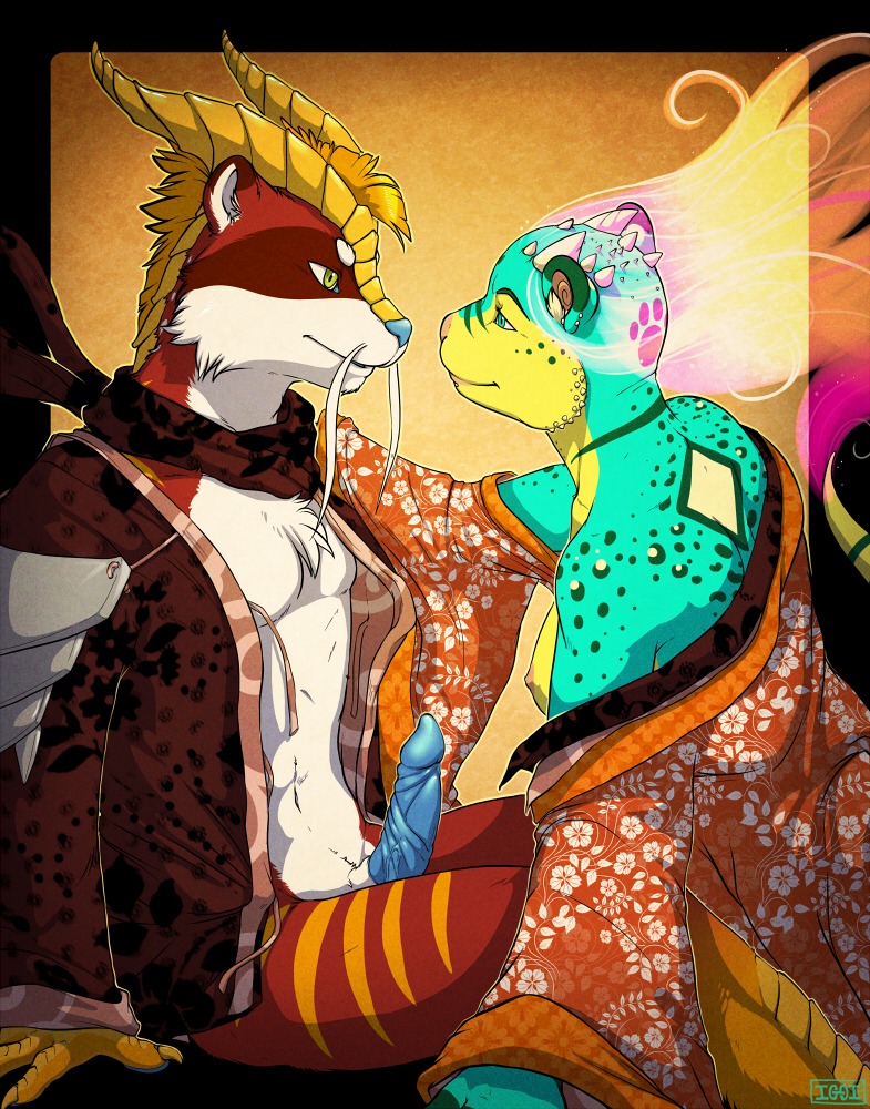 agamid anthro asian_clothing bearded_dragon breasts chest_tuft clothing colorful_theme duo e621 ear_piercing east_asian_clothing erection eye_contact felid feline female fur genitals green_eyes horn hybrid iggi inner_ear_fluff japanese_clothing kimono leopardus lizard looking_at_another male male/female mammal nipples ocelot penis piercing procyonid raccoon reptile scalie sparklefur spikes spots tuft