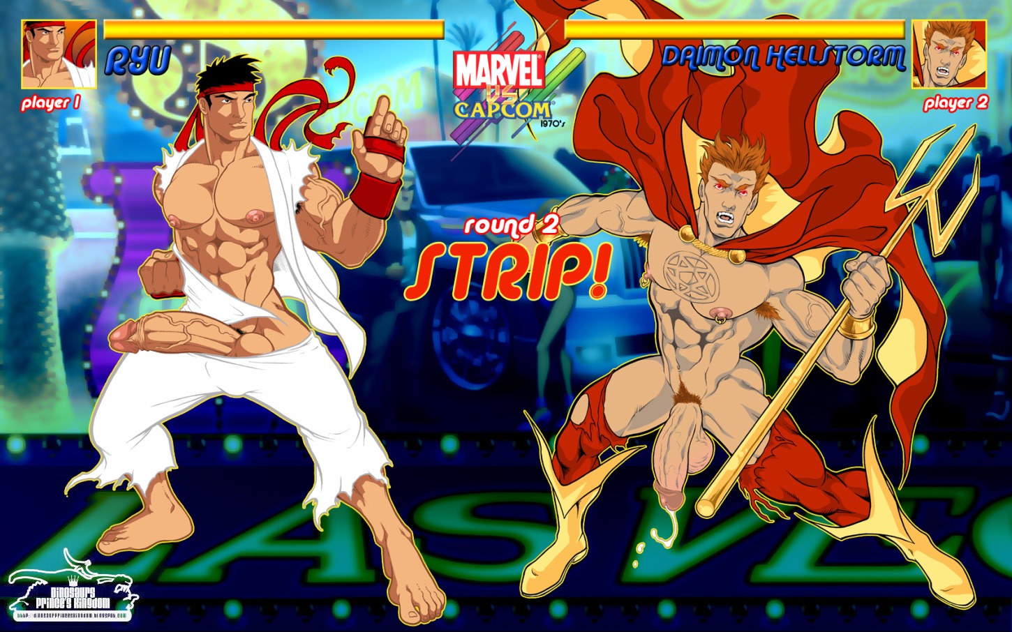 2boys capcom color colored crossover cum daimon_hellstrom dinosaur_prince foreskin fully_retracted_foreskin health_bar human male male_only marvel marvel_comics marvel_vs._capcom multiple_boys multiple_males muscles muscular muscular_male patrick_fillion penis retracted_foreskin rule34 ryu_(street_fighter) straight_hair street_fighter uncensored uncircumcised yaoi