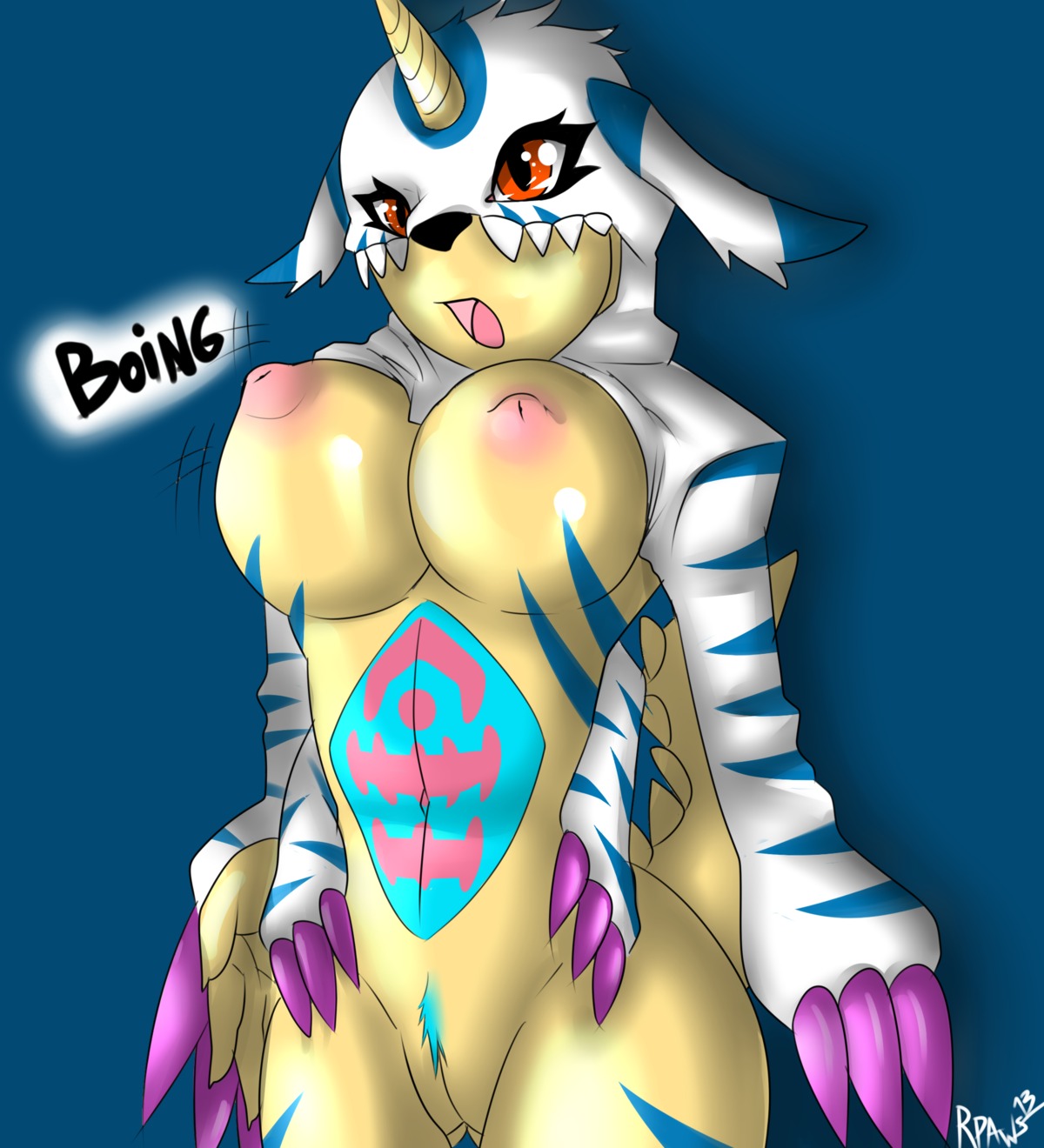 :o anthro areola bandai_namco big_breasts big_nipples blue_body blue_skin bouncing_breasts breasts claws digimon digimon_(species) e621 female gabumon genitals hi_res horn inverted_nipples mammal markings navel nipples open_mouth puffy_nipples red_eyes renamonpaws solo stripes teeth tongue under_boob vulva wide_hips yellow_body yellow_skin
