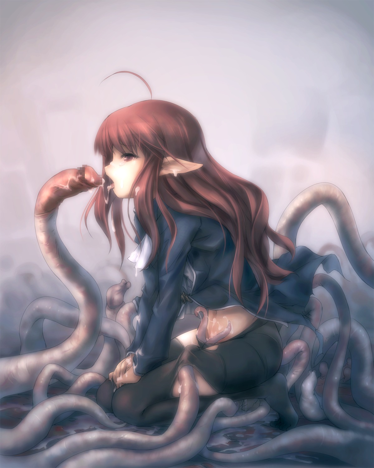 1girls ahoge brown_eyes brown_hair censored character_request clothed_sex clothing consensual_tentacles copyright_request cum cum_in_mouth cum_inside cum_on_face cum_on_tongue elf female highres hitomaru implied_penetration kneeling legs_together long_hair male mosaic_censoring open_mouth oral panties pantyhose pantylines penis penis_tentacles pointy_ears purple_tentacles rule34 school_uniform shrine skirt solo tentacle tentacle_under_pantyhose tentacles_under_clothes tongue tongue_out torn_clothes torn_pantyhose