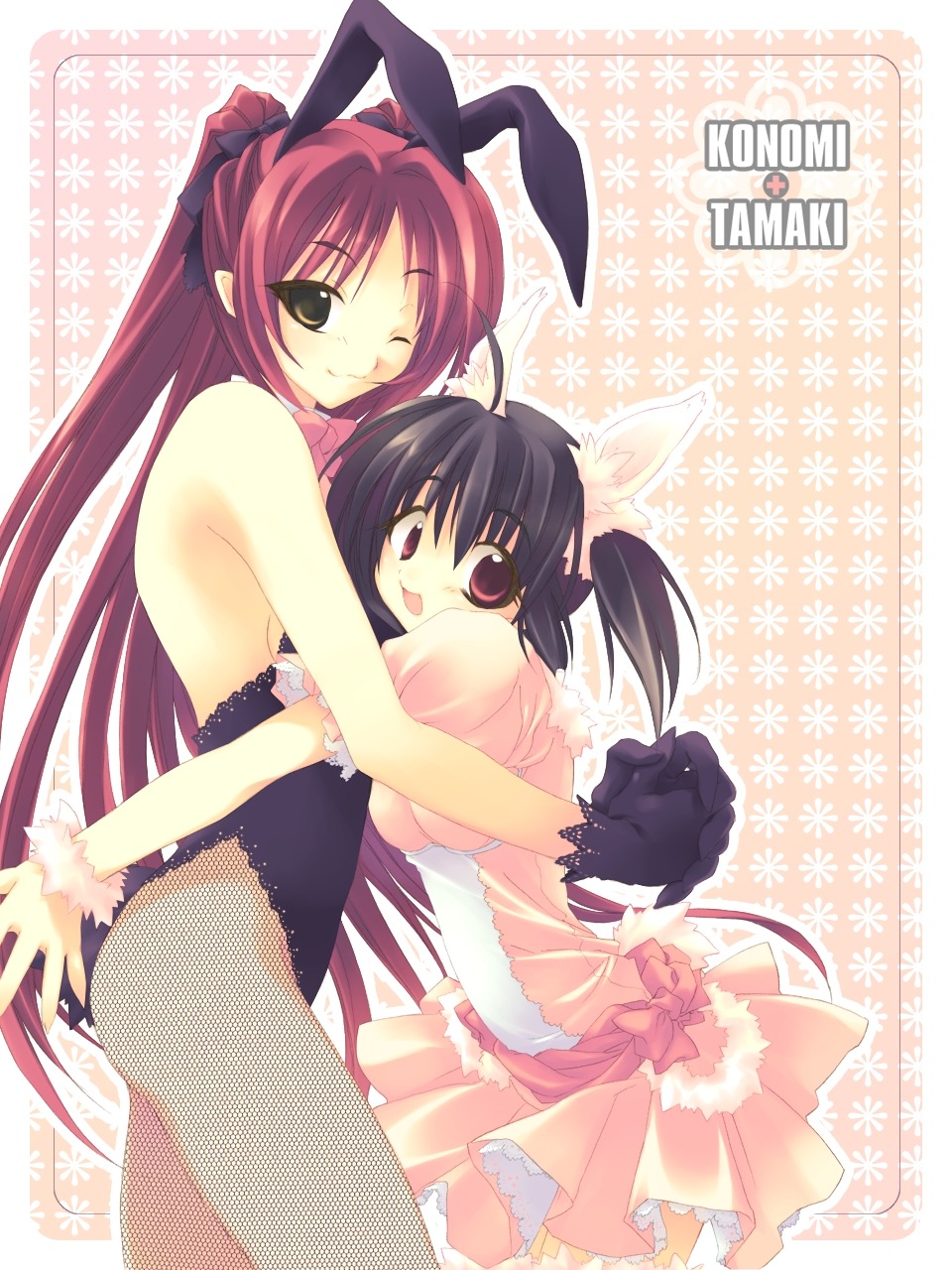 blush brown_eyes brown_hair bunny_ear bunnysuit clothing dress female fishnet_pantyhose fishnets gold highres hug kousaka_tamaki long_hair pantyhose red_eyes red_hair rule34 short_hair tied_hair to_heart_(series) to_heart_2 twintails wink yuzuhara_konomi