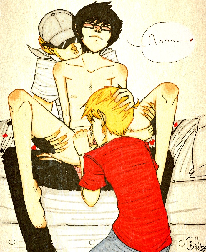 (;) 3boys anal anal_sex black_hair blonde_hair bro_strider clothing dave_strider fellatio fingerless_gloves gay glasses hat homestuck incest john_egbert male male_only ms_paint_adventures naked oral penetration penis rule34 short_hair source_request sunglasses white_skin