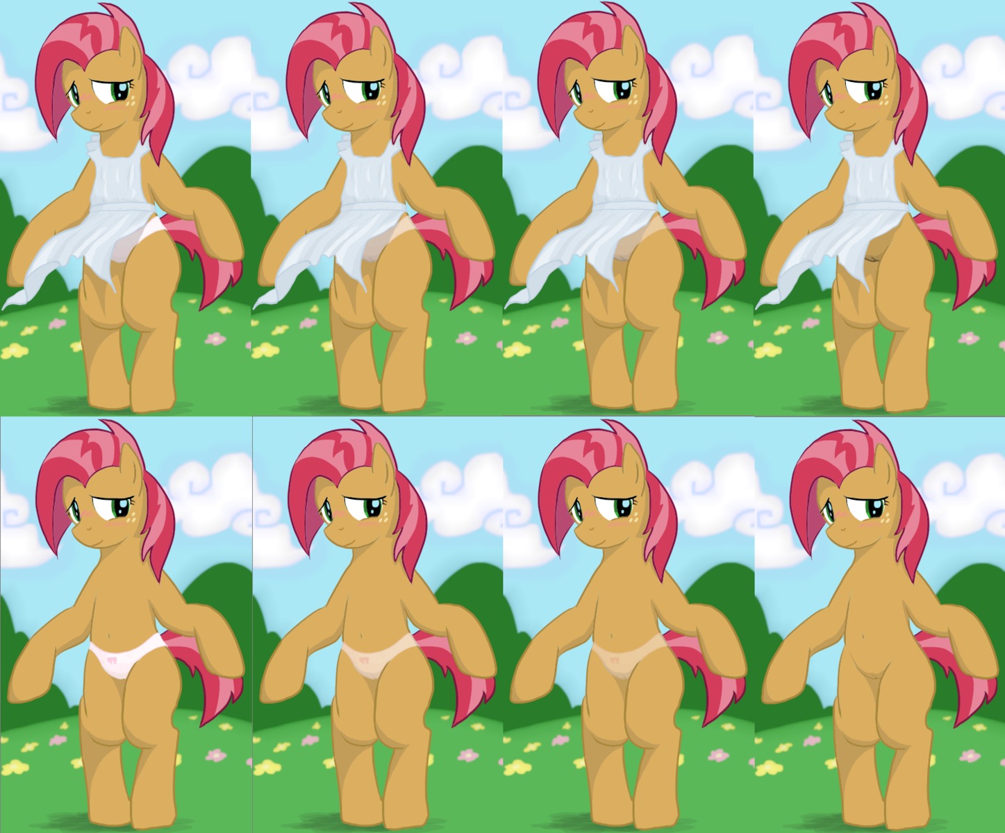 2012 anthro apron babs_seed_(mlp) blush brown_body brown_fur clothing cloud e621 earth_pony equid equine female freckles friendship_is_magic fur genitals green_eyes hair hasbro hi_res horse mammal multicolored_hair my_little_pony outside panties pony seidouryu sky solo tail two_tone_hair underwear vulva young young_anthro young_female
