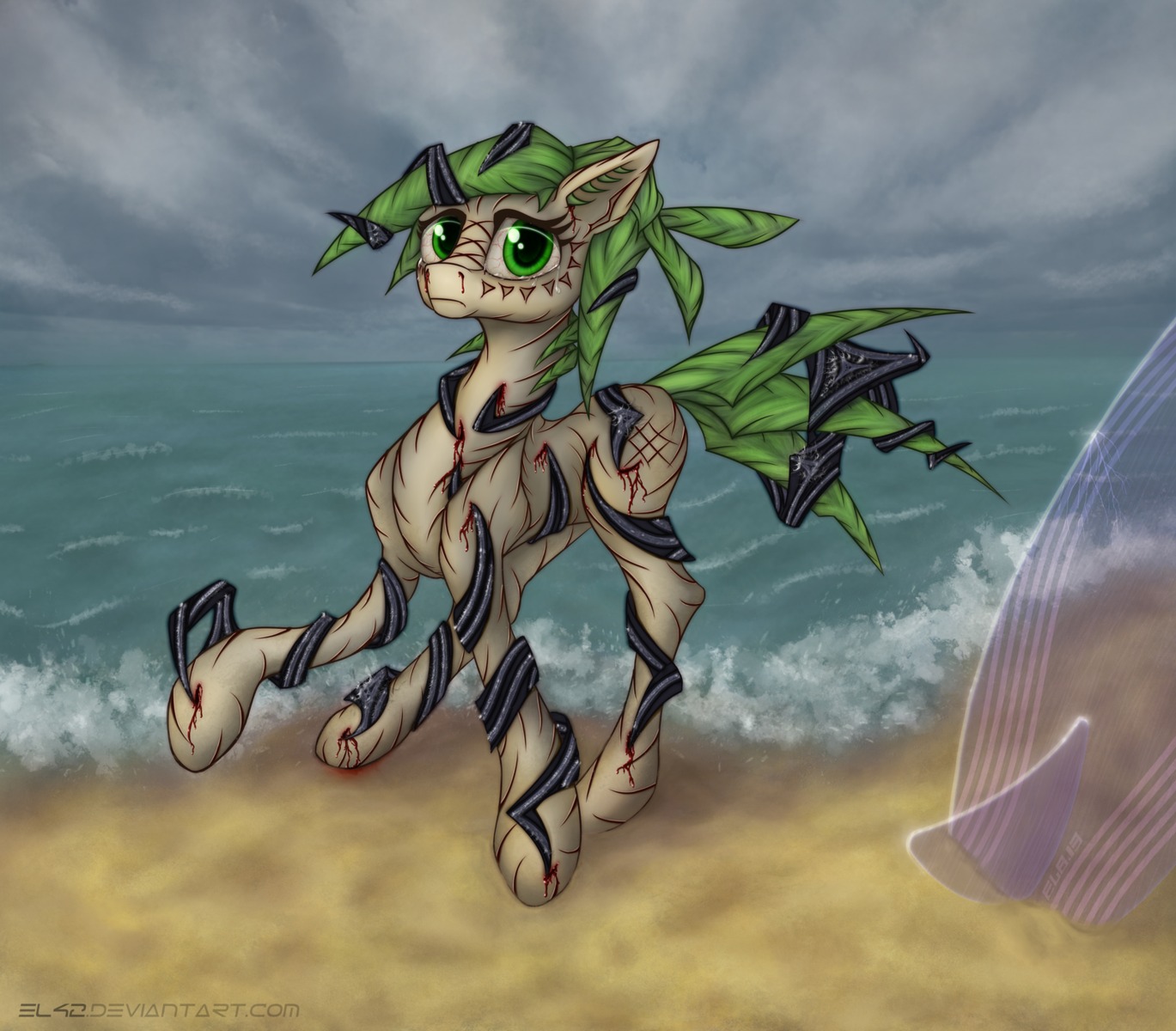 ambiguous_gender blood bloodshot_eyes bodily_fluids e621 elronya eltaile equid equine feral gore grimdark hasbro hi_res horse mammal my_little_pony outside seaside solo