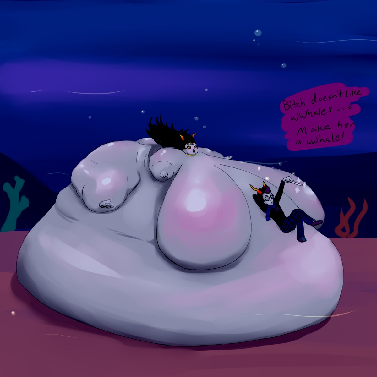 1boy 1girls black_hair black_lips breasts closed_eyes clothing crown dialogue eridan_ampora feferi_peixes female fins giant glasses grey_skin homestuck horns hyper kissassta long_hair male morbidly_obese ms_paint_adventures naked necklace obese overweight purple_highlights rule34 scarf short_hair source_request text transformation troll underwater wand yellow_eyes