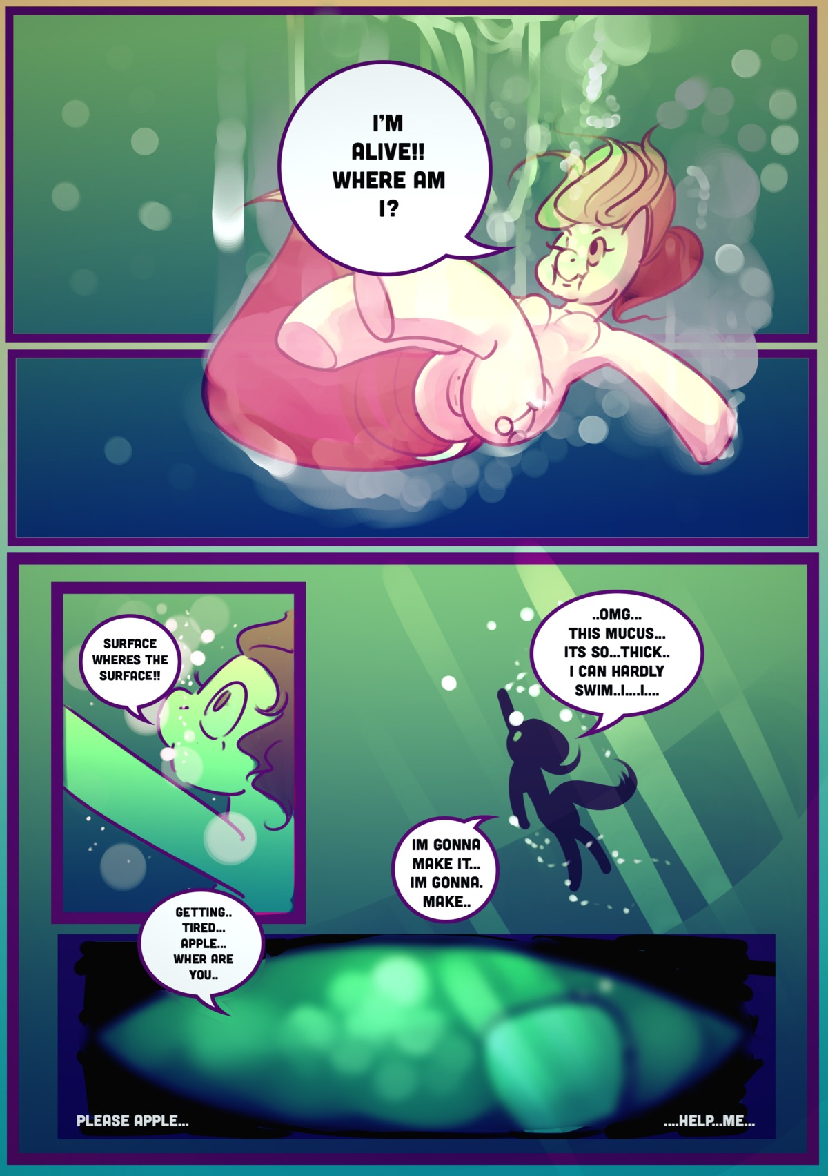 2014 absurd_res anthro biped breasts cherry_jubilee_(mlp) comic creamydonuts e621 earth_pony english_text equid equine female friendship_is_magic hair hasbro hi_res horse mammal my_little_pony one_eye_closed pony solo swimming text underwater vore water