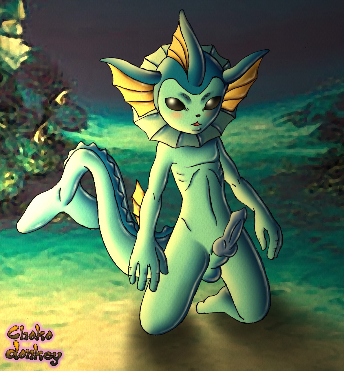 animal_genitalia animal_penis anthro barefoot canine_penis chokodonkey color eeveelution front_view kneeling male male_only nintendo nude penis pok&eacute;mon_(species) pokemon pokemon_(species) rule34 solo tagme tail tail_fin vaporeon