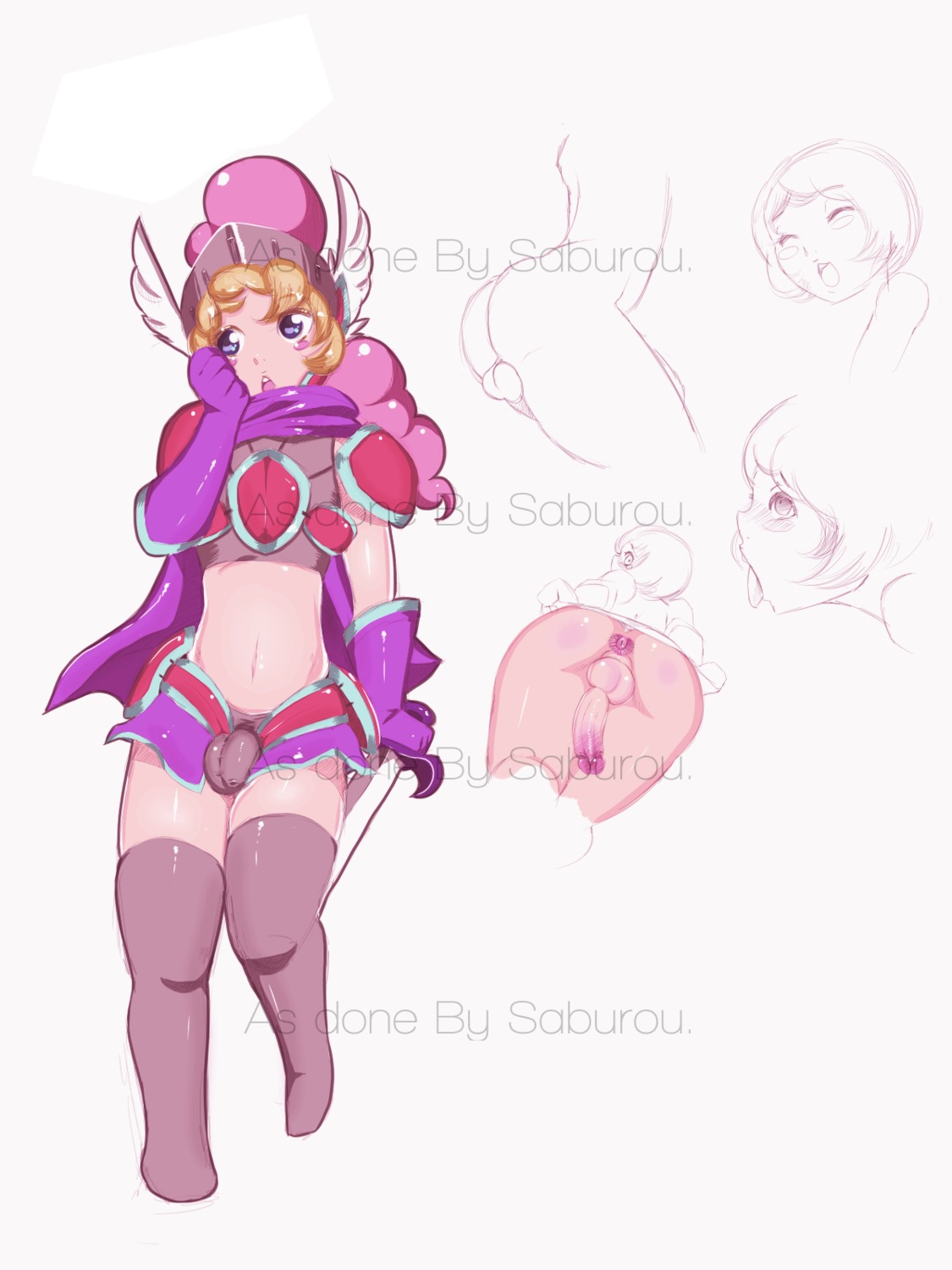 3:4 anus armor backsack balls blush butt clothed clothing darth_saburou e621 erection femboy genitals heart_symbol heroboy hi_res humanoid_genitalia humanoid_penis male melee_weapon partially_clothed penis penis_tuck presenting purple_eyes simple_background solo super_slut_boys sword weapon white_background