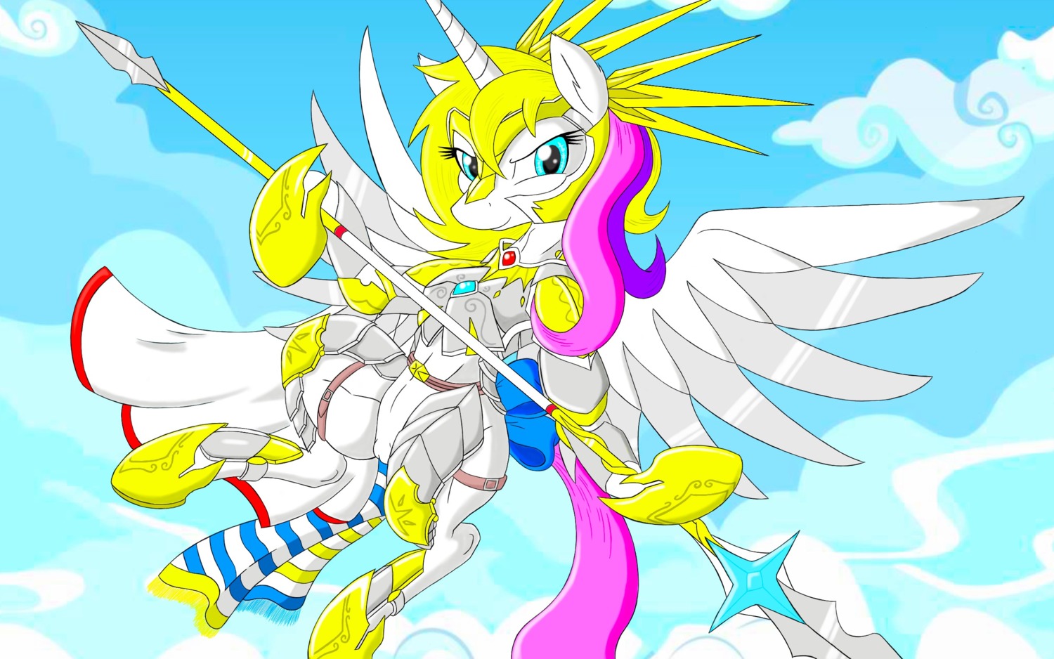 16:10 armor blue_eyes cloud e621 equid equine fan_character feathered_wings feathers female feral fur genitals hair hasbro hi_res holding_object holding_weapon horn knight looking_at_viewer mammal melee_weapon multicolored_hair my_little_pony mythological_creature mythological_equine mythology navanastra outside plate_armor polearm revena semi-anthro sky skyscape solo spear vulva warrior weapon white_body white_fur widescreen winged_unicorn wings