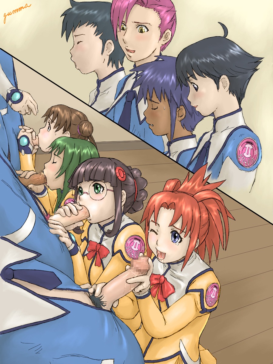 4boys 4girls arisa_glennorth brown_hair censored clothed_sex fellatio female fujisawa_yayoi glasses green_hair group_sex hair happy_sex highres indoors jones_joey katase_shima kayama_akira kisaragi_gunma male multiple_boys multiple_females multiple_girls multiple_males odawara_masaru oral otoyama_kouta penis rule34 school_uniform sex_education straight take_your_pick takida_pierre uchuu_no_stellvia