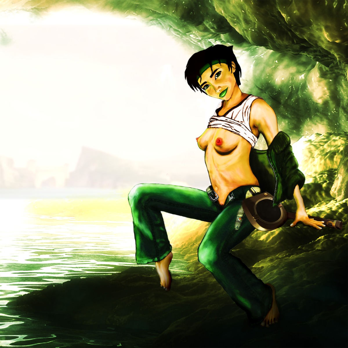 1girls belt beyond_good_and_evil bottomwear breasts casual clothing computer dark_skin electronics female female_only human jade_(beyond_good_and_evil) outerwear pubic_hair pubic_hair_peek rule34 solo solo_female tagme