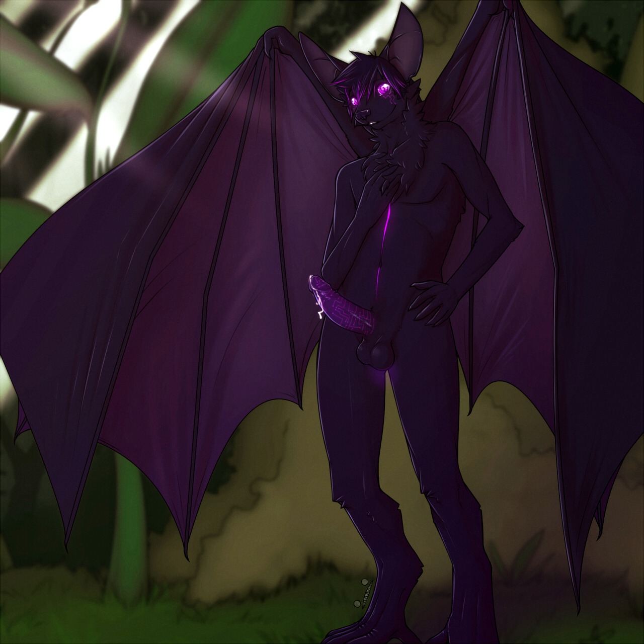 1:1 2014 anthro bag balls bat big_ears biped black_nose bodily_fluids chest_tuft cum cybernetics cyborg detailed_background digitigrade e621 erection forest fur genital_fluids genitals glowing glowing_eyes glowing_genitalia glowing_penis grass hair hand_on_chest hand_on_hip hi_res humanoid_genitalia humanoid_penis large_wings machine male mammal markings membrane_(anatomy) membranous_wings nature nude outside penis pinup plant pose purple_body purple_eyes purple_fur purple_hair purple_penis scar seph491 solo standing syynx tree tuft wings