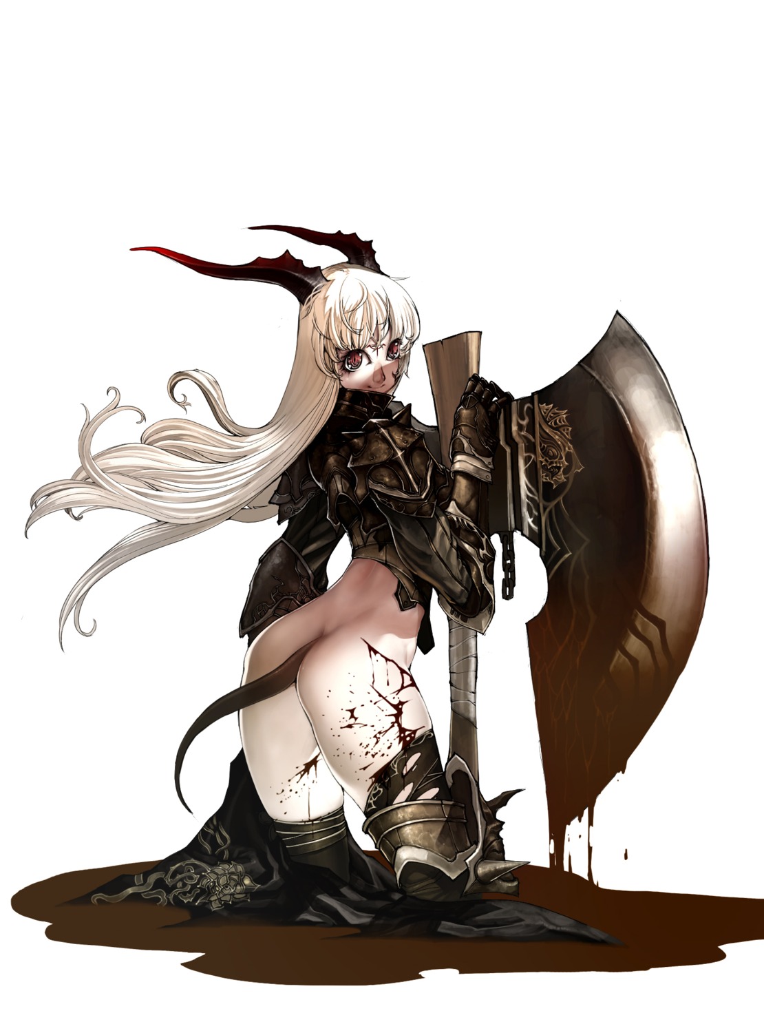 armor axe blood bodily_fluids boots breasts butt clothed clothing demon demon_humanoid e621 female footwear gloves greataxe hair handwear hi_res horn horned_humanoid humanoid jeffr long_hair looking_at_viewer mammal melee_weapon not_furry nude partially_clothed red_eyes shoes simple_background solo tail warrior weapon white_background white_hair wings