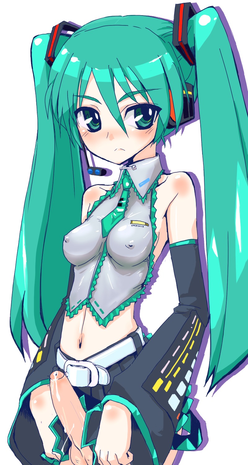 1futa 1girl aqua_hair bare_shoulders belt blush breasts covered_nipples detached_sleeves erect_nipples erection foreskin futa_only futanari green_eyes green_hair hatsune_miku headset highres intersex long_hair medium_breasts midriff navel necktie nipples penis precum rule34 skirt solo twintails uncensored uncircumcised vocaloid