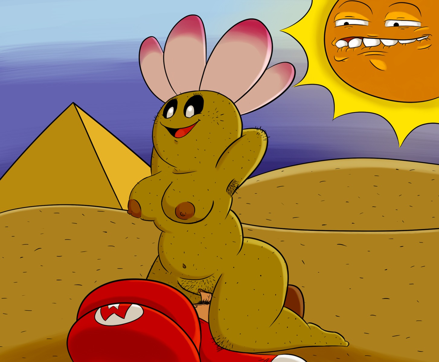 angry_sun armpit_hair body_hair breasts brown_nipples clothing cowgirl_position duo_focus e621 elemental_creature female flora_fauna from_front_position genitals group hands_behind_head hat headgear headwear hi_res human interspecies mammal mario mario_bros nintendo nipples not_furry on_bottom on_top plant pokey_(mario) pubes sex shirt shortstack slightly_chubby straddling super_mario_bros._3 text text_on_clothing text_on_hat text_on_headgear text_on_headwear timoteihiv topwear vaginal voyeur vulva