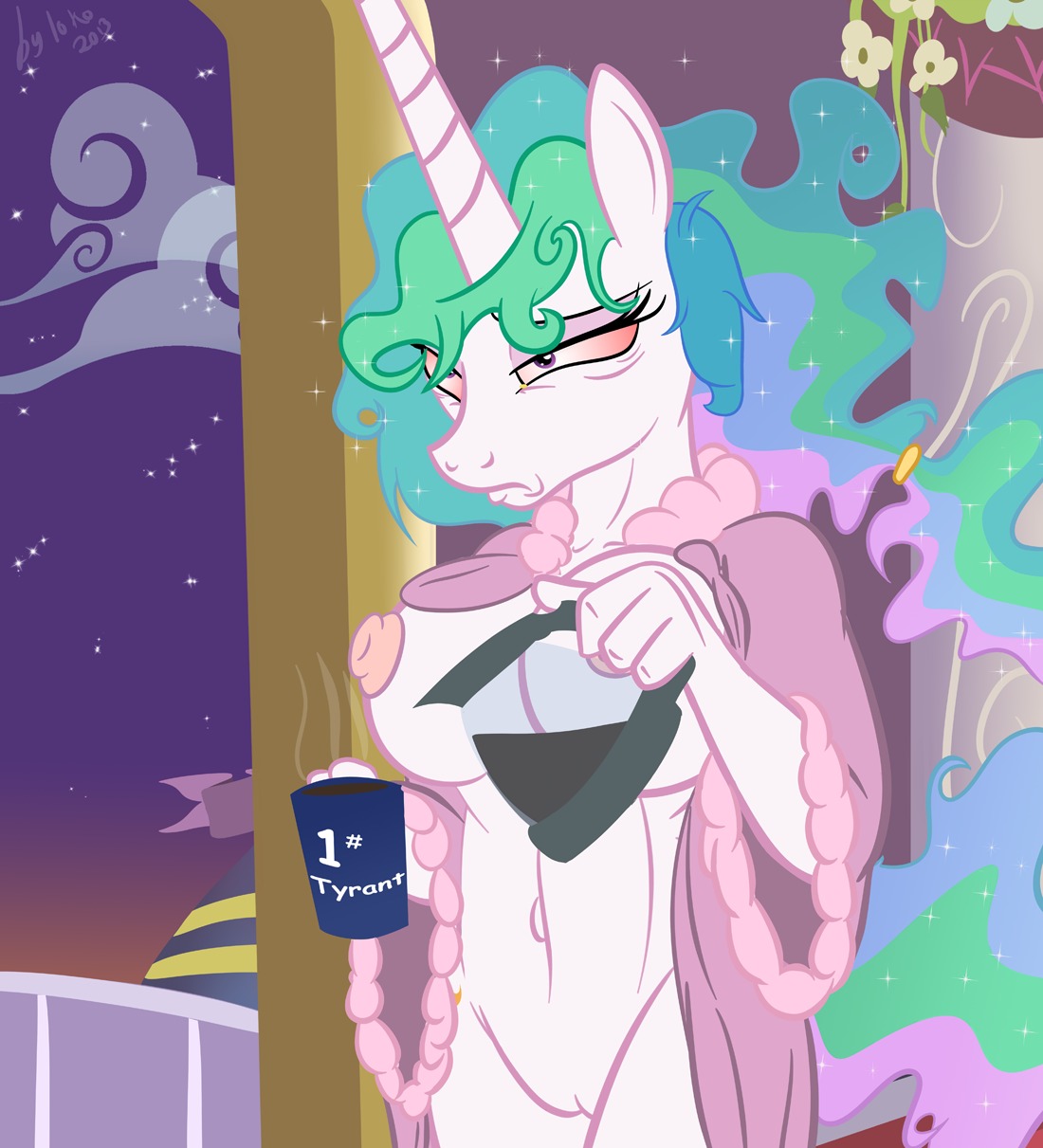 anthro anthrofied areola bathrobe bedhead big_breasts breasts clothed clothing e621 el-loko equid equine erect_nipples female friendship_is_magic genitals hair hasbro hi_res horn long_hair mammal multicolored_hair my_little_pony mythological_creature mythological_equine mythology navel nipples open_clothing open_robe pink_eyes princess princess_celestia_(mlp) robe royalty solo tail tired unicorn vulva wide_hipped_female wide_hips