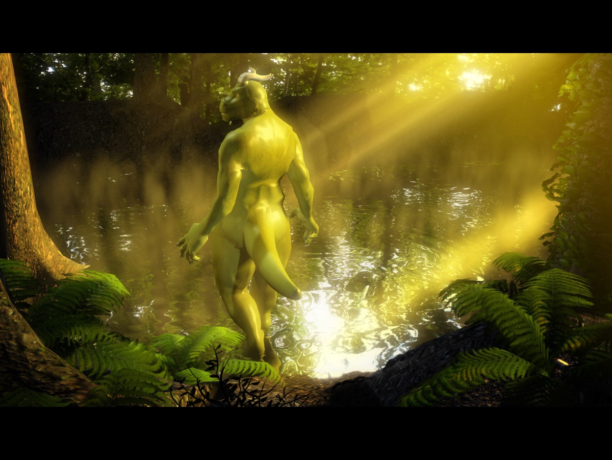 black_bars brelo_(artist) butt detailed_background dragon e621 forest green_theme horn letterbox light male muscular muscular_male mythological_creature mythological_scalie mythology nature nude outside plant pose scalie solo sunlight tail tree water wood