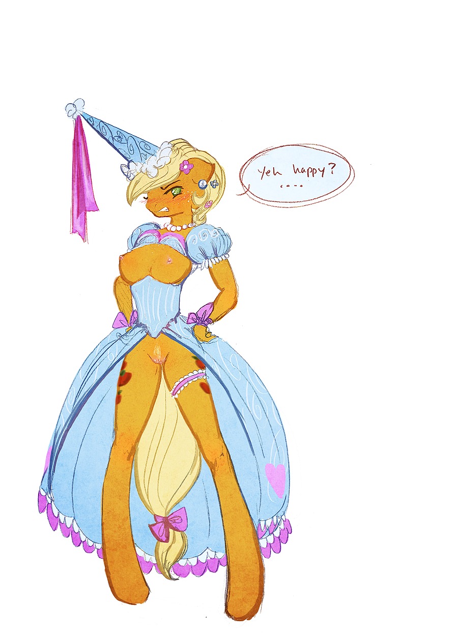 2011 anthro anthrofied applejack_(mlp) areola big_breasts blonde_hair breasts clothing cosmicunicorn cutie_mark e621 earth_pony english_text equid equine female freckles friendship_is_magic fur genitals green_eyes hair hasbro hat headgear headwear hennin hi_res horse mammal my_little_pony nipples orange_body orange_fur party_hat pony simple_background solo text vulva white_background