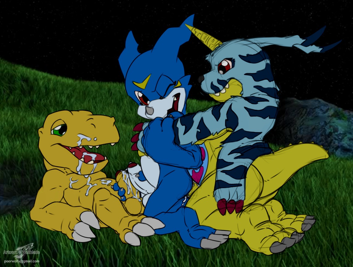 agumon anal anal_penetration balls bandai_namco blue_body blue_skin bodily_fluids cool_colors cum cum_in_ass cum_in_mouth cum_inside cum_on_body cum_on_face cum_on_penis cum_while_penetrated digimon digimon_(species) e621 erection foreskin frottage gabumon genital_fluids genitals group group_sex happy happy_sex humanoid_genitalia humanoid_penis male male/male male_penetrated male_penetrating male_penetrating_male night one_eye_closed outside partially_retracted_foreskin penetration penile penis penises_touching scalie sex tail threesome trio veemon wolfblade yellow_body yellow_skin
